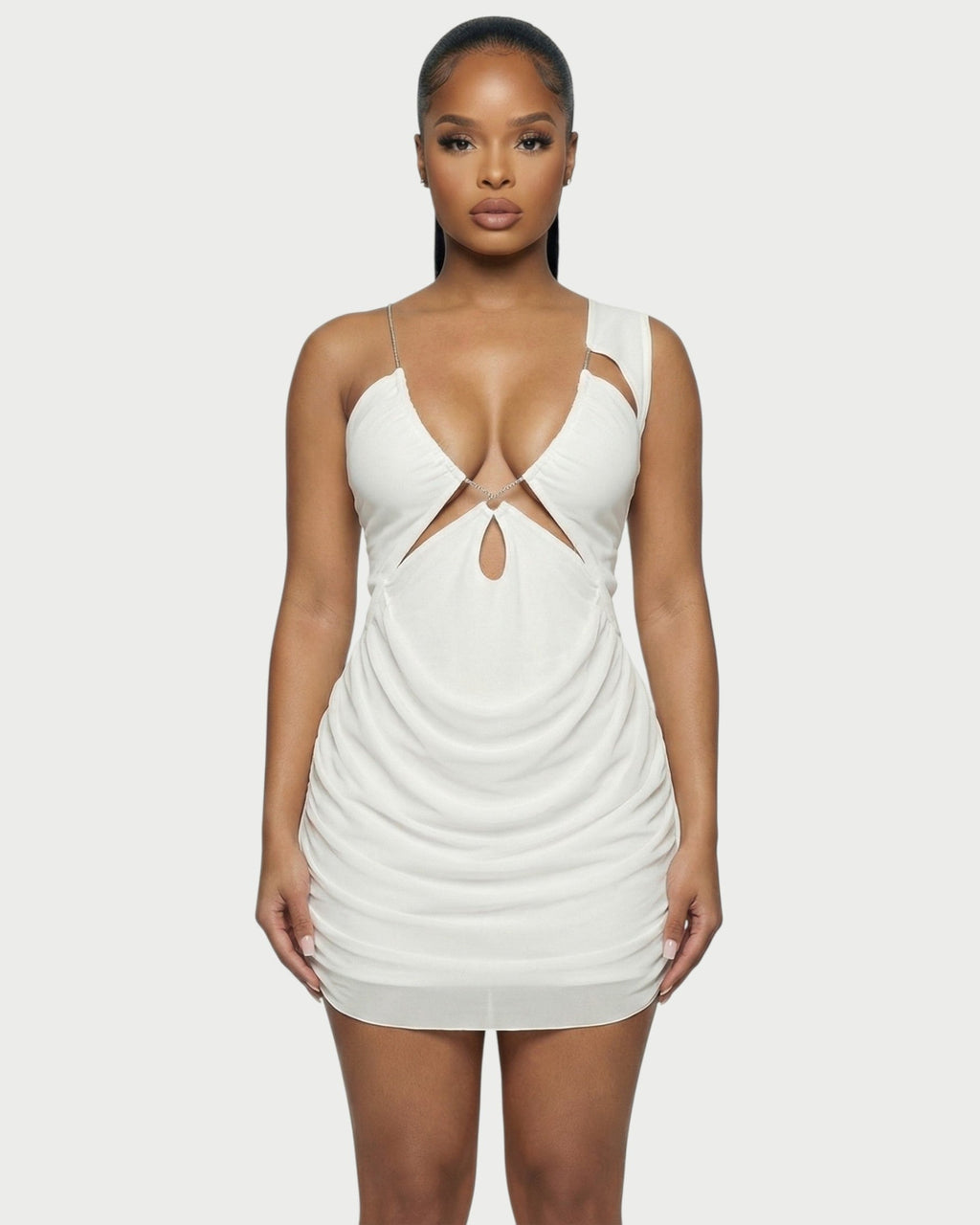 JUVIA Chain Detail Cut-Out Mesh Mini Dress