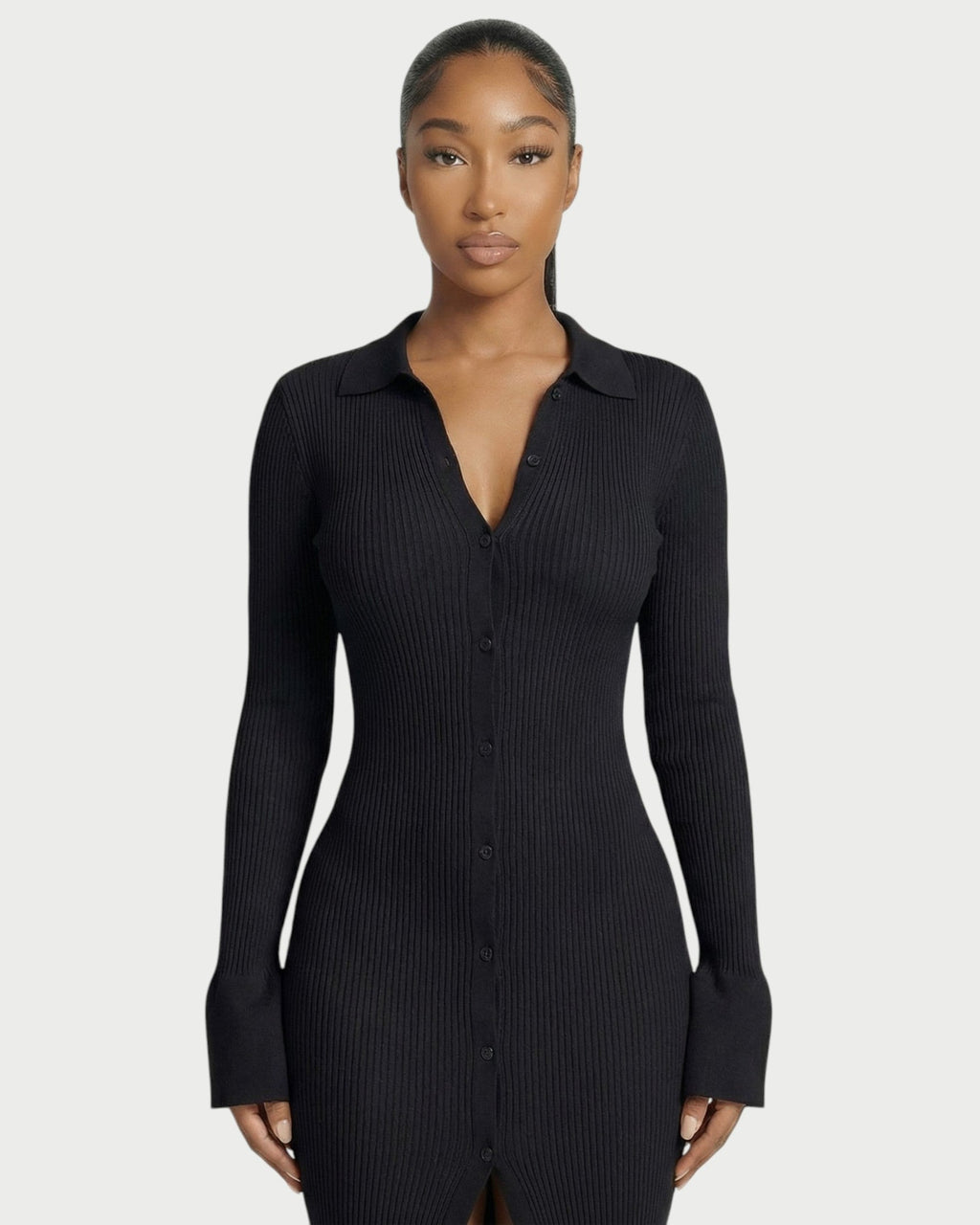 ELYSIA Ribbed Knit Collared Midi Dress