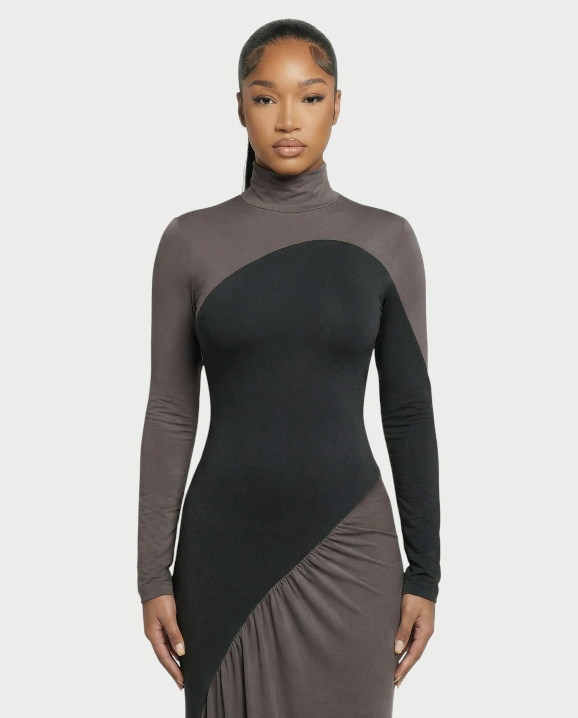 ANINA Contrast Panel Long-Sleeve Maxi Dress