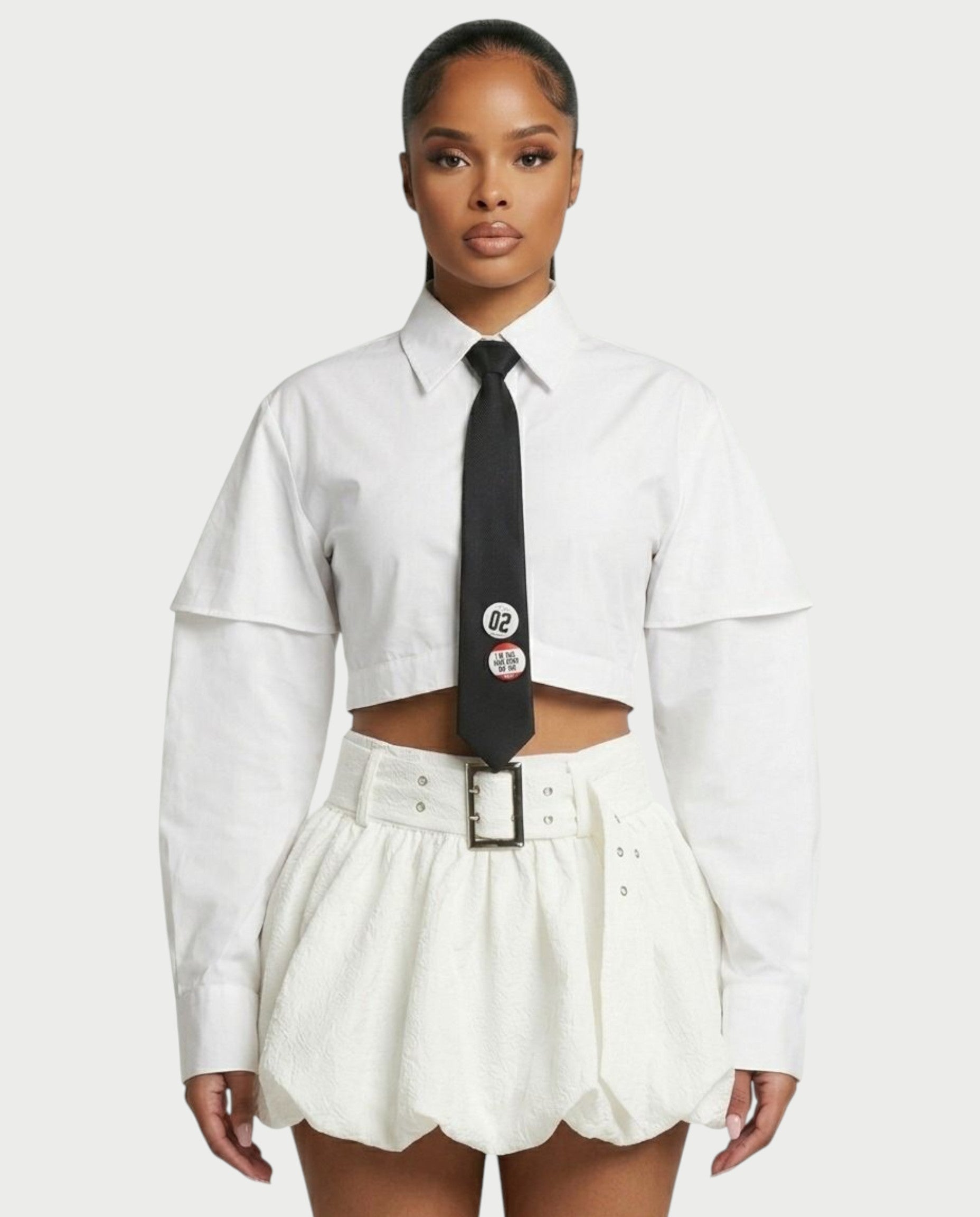 MIRELA Cropped Button-Up Shirt Tie Detail