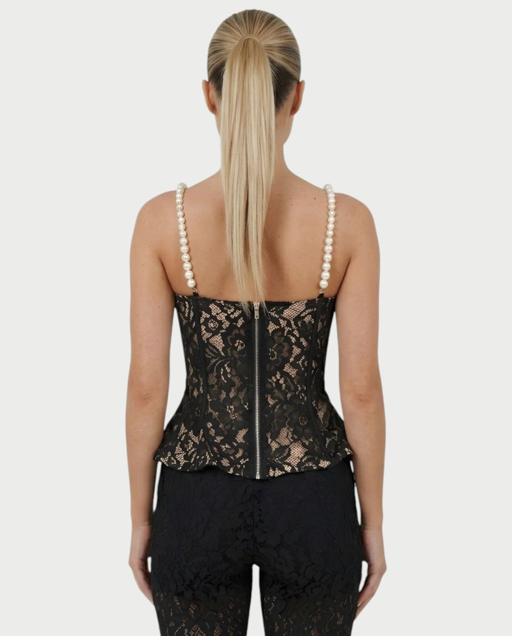 MABELA Sheer Lace Corset Peplum Top & Flared Pants Set