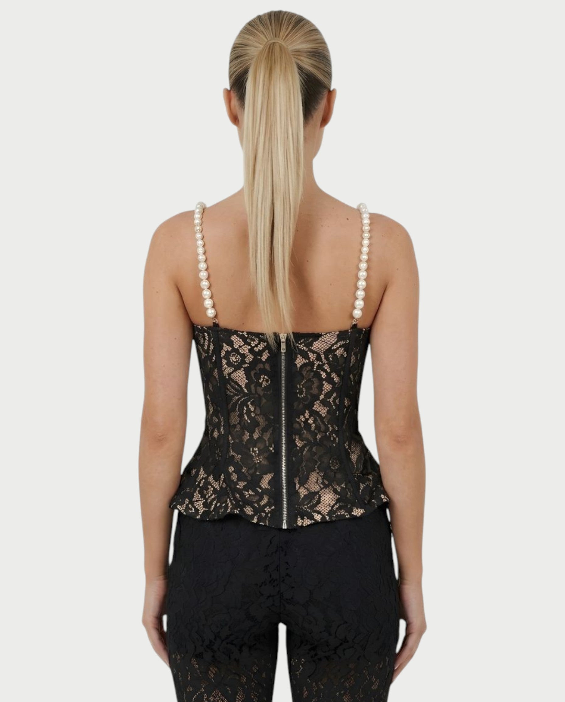 MABELA Sheer Lace Corset Peplum Top & Flared Pants Set