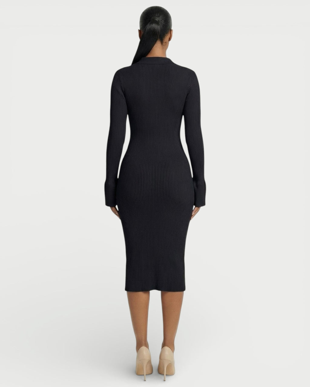 ELYSIA Ribbed Knit Collared Midi Dress