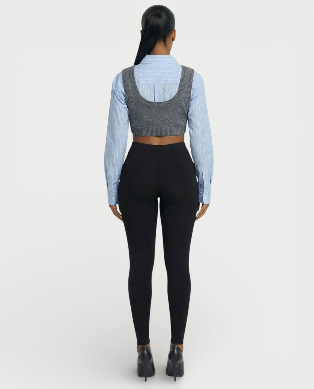 SARIEL Striped Long Sleeve Shirt & Knit Crop Top Set