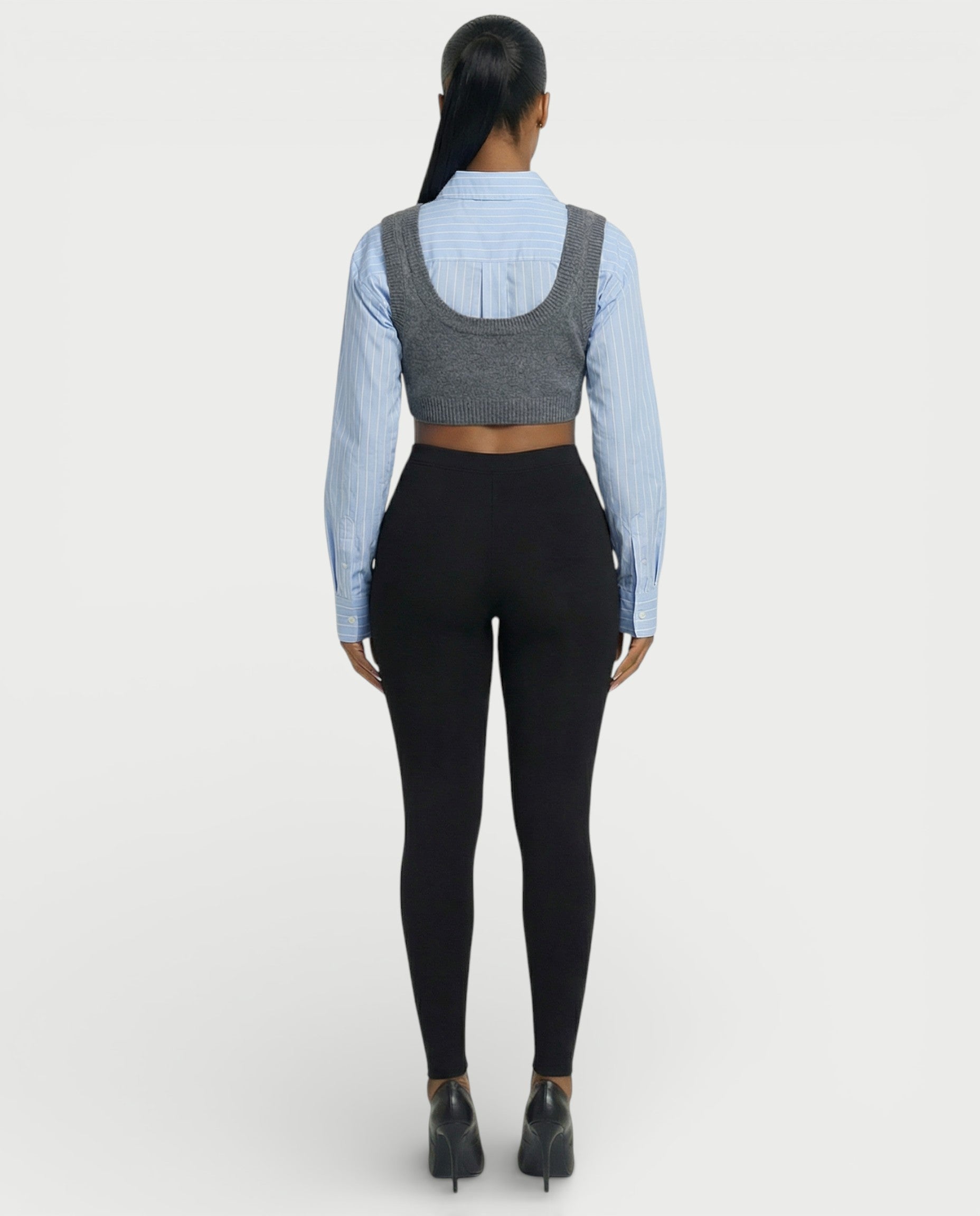 SARIEL Striped Long Sleeve Shirt & Knit Crop Top Set