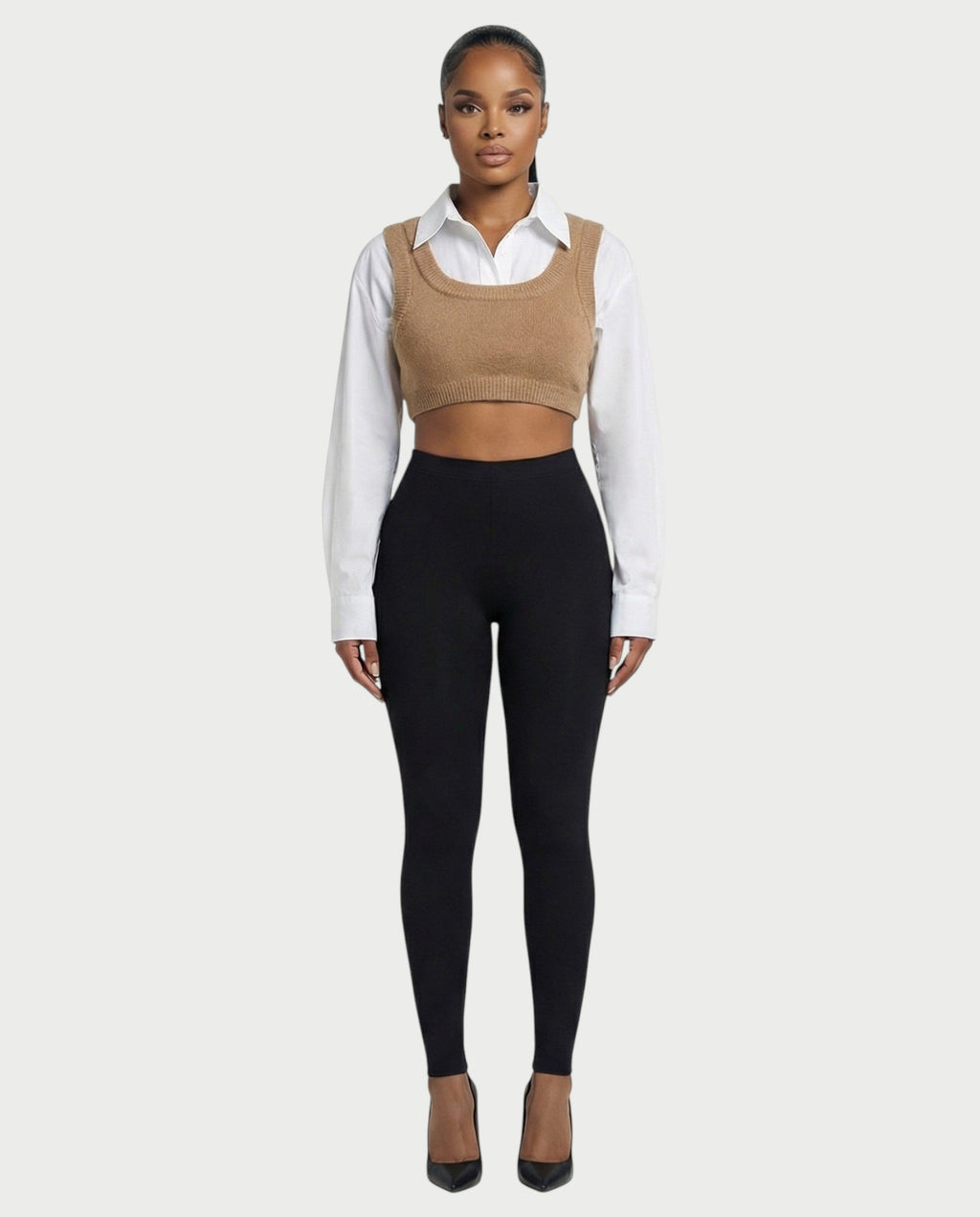 SARIEL Striped Long Sleeve Shirt & Knit Crop Top Set