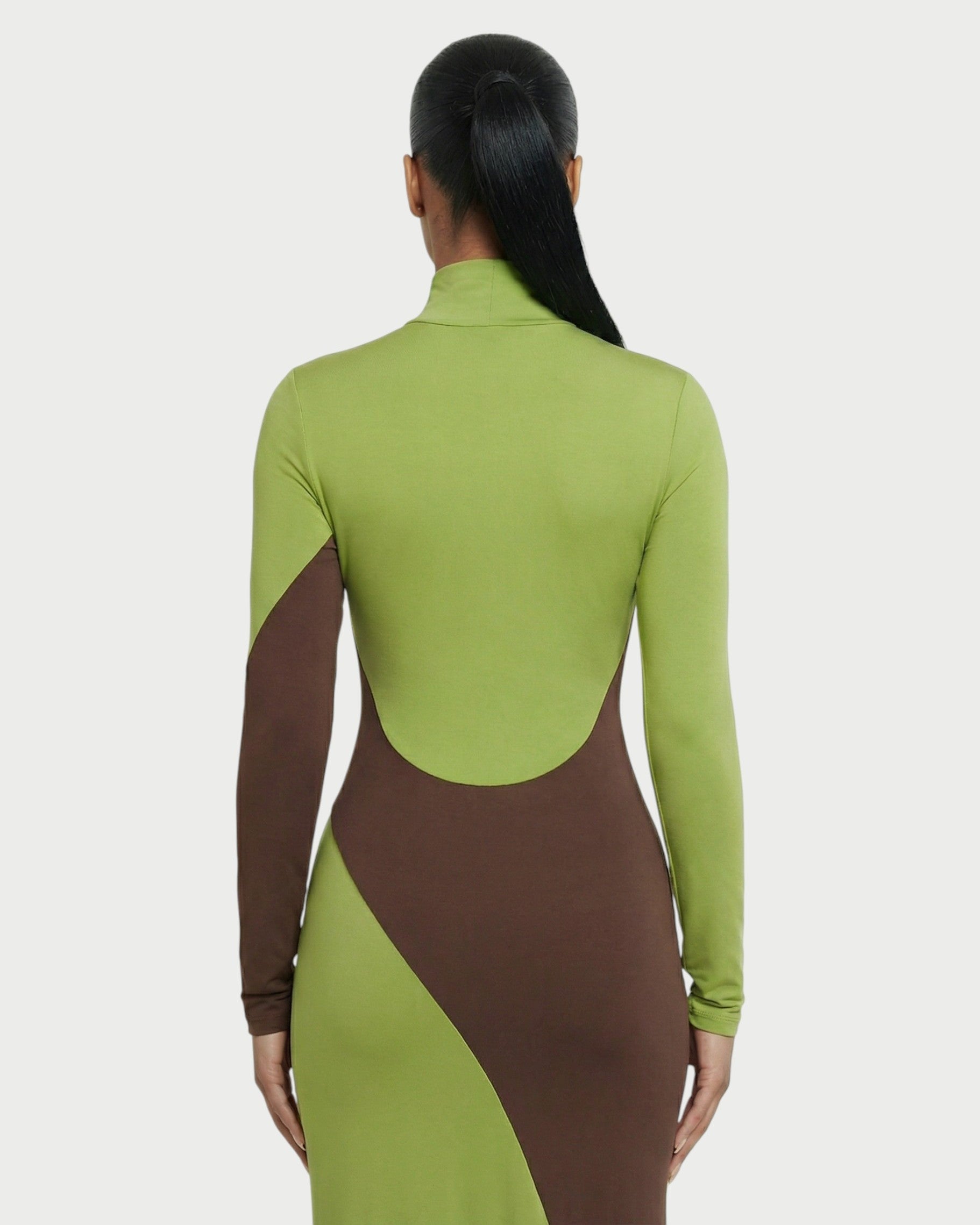 ANINA Contrast Panel Long-Sleeve Maxi Dress
