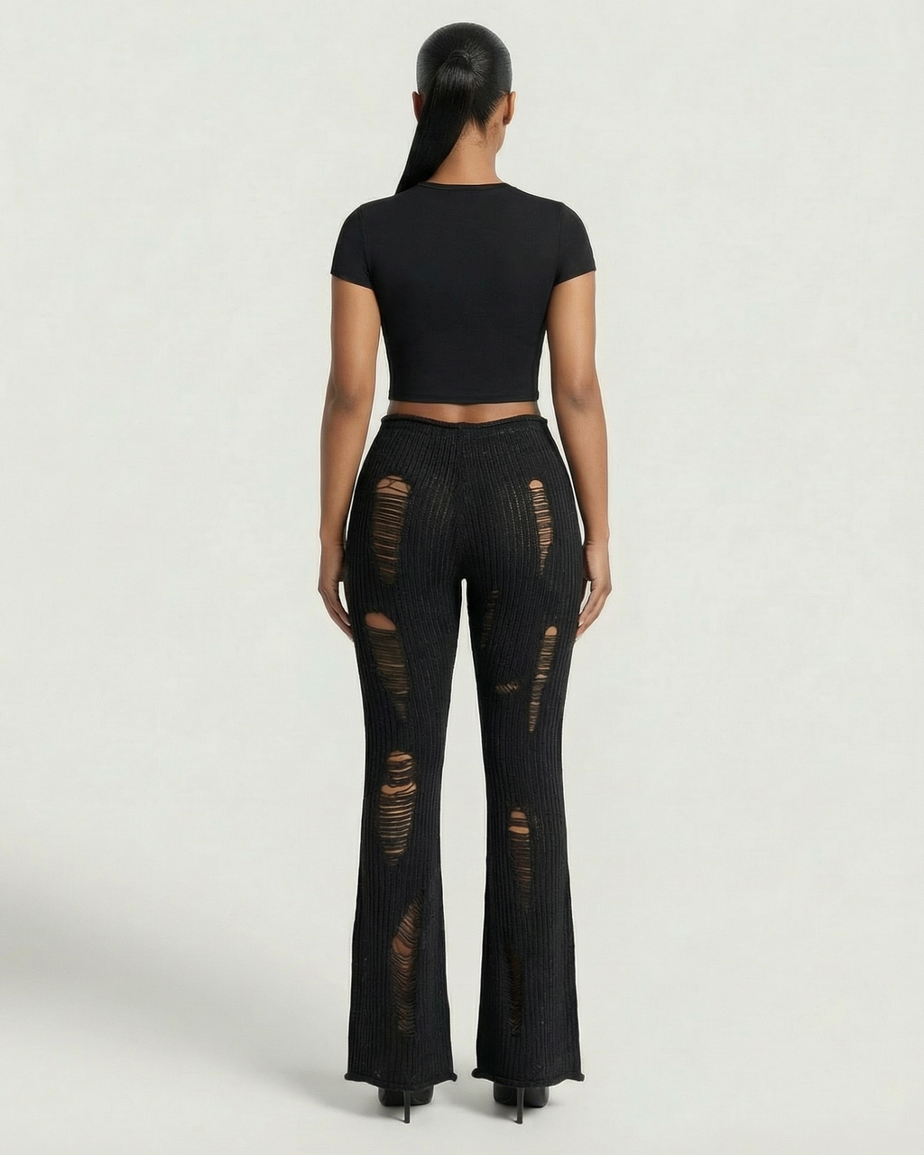 ALOMA Ripped Ribbed Knit Flared Pants