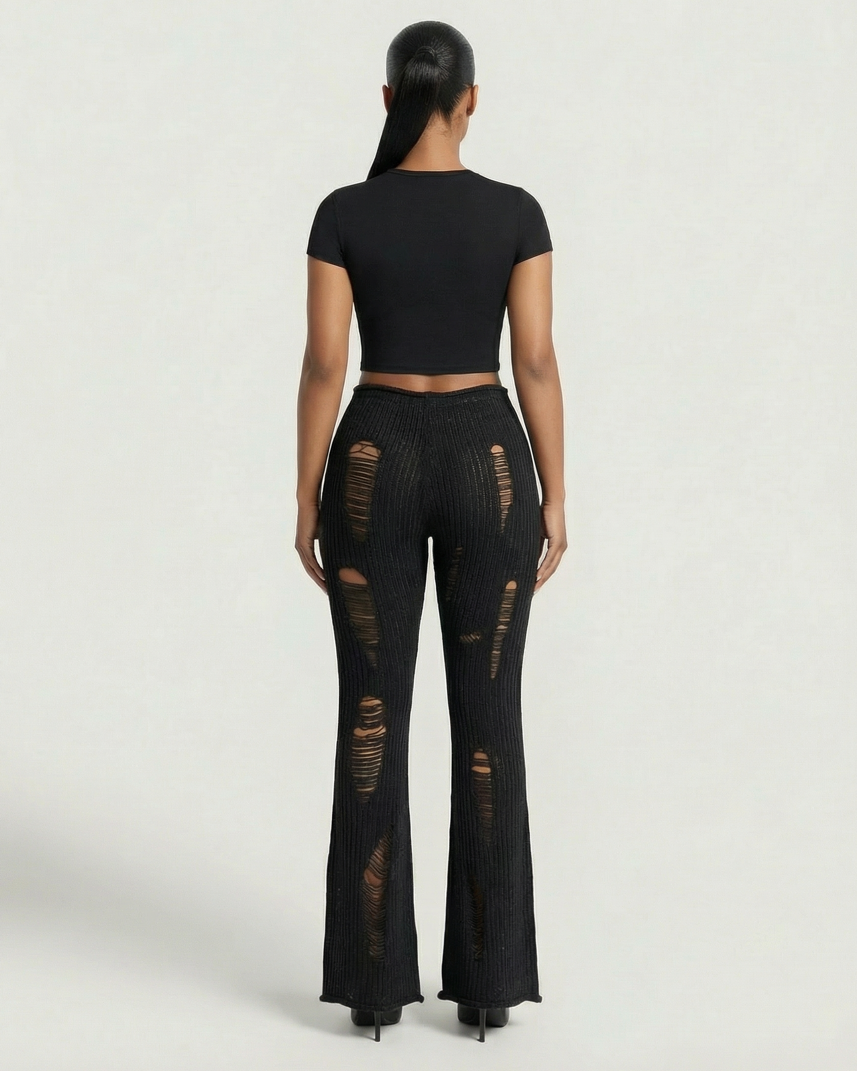 ALOMA Ripped Ribbed Knit Flared Pants