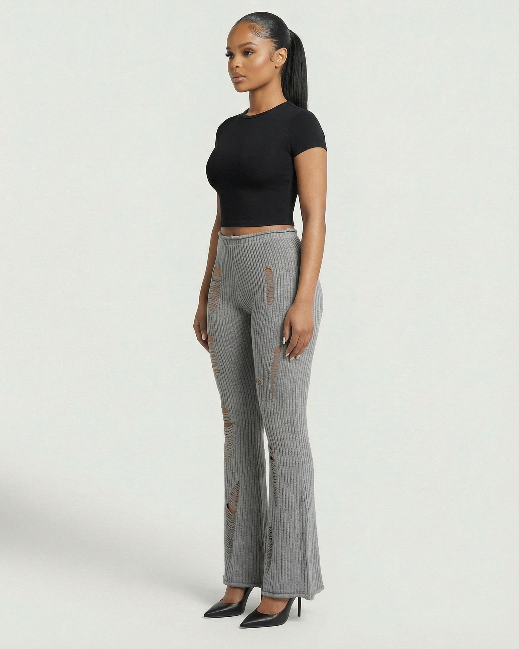 ALOMA Ripped Ribbed Knit Flared Pants