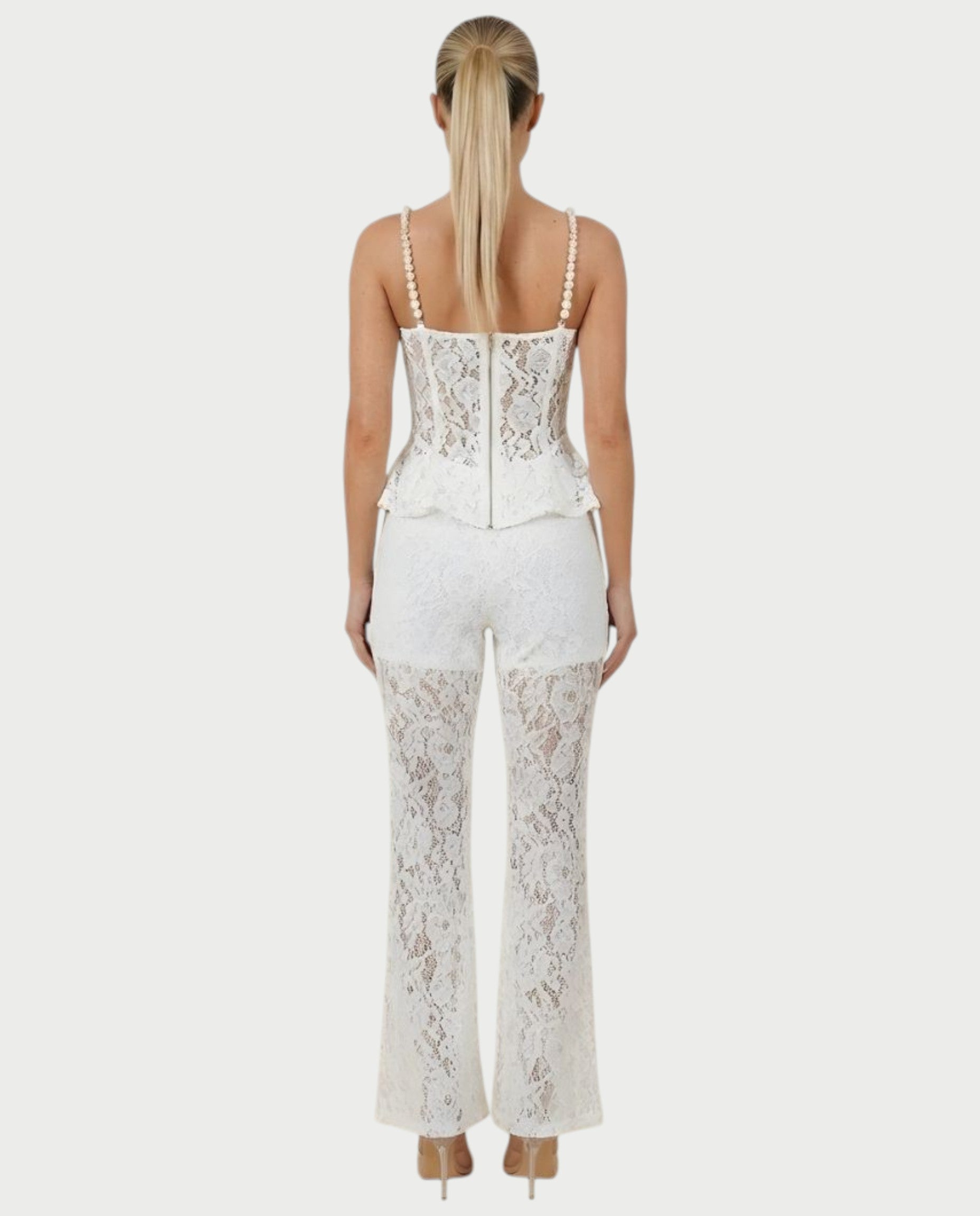 MABELA Sheer Lace Corset Peplum Top & Flared Pants Set
