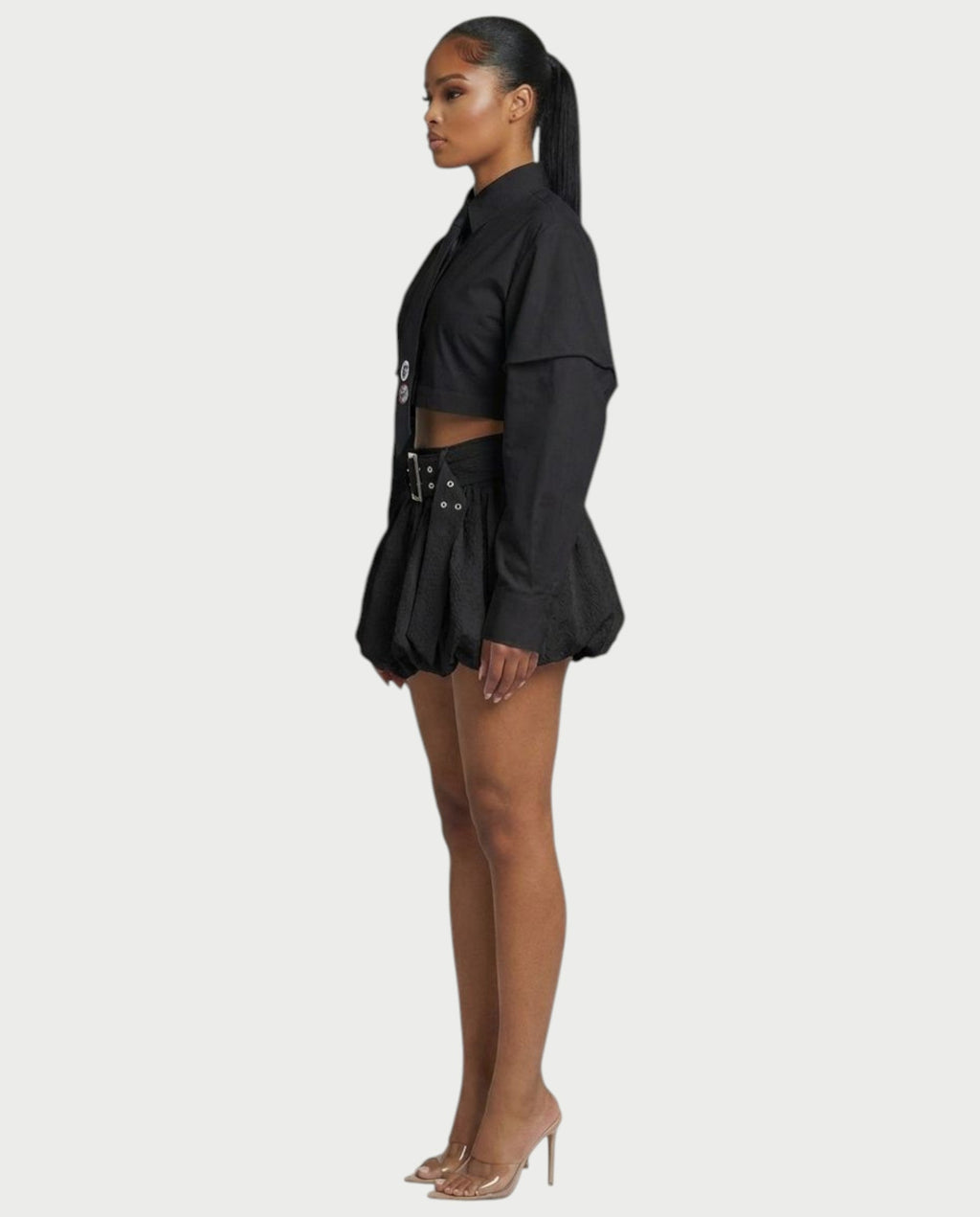LAFIRNA Belted High-Waist Bubble Hem Mini Skort