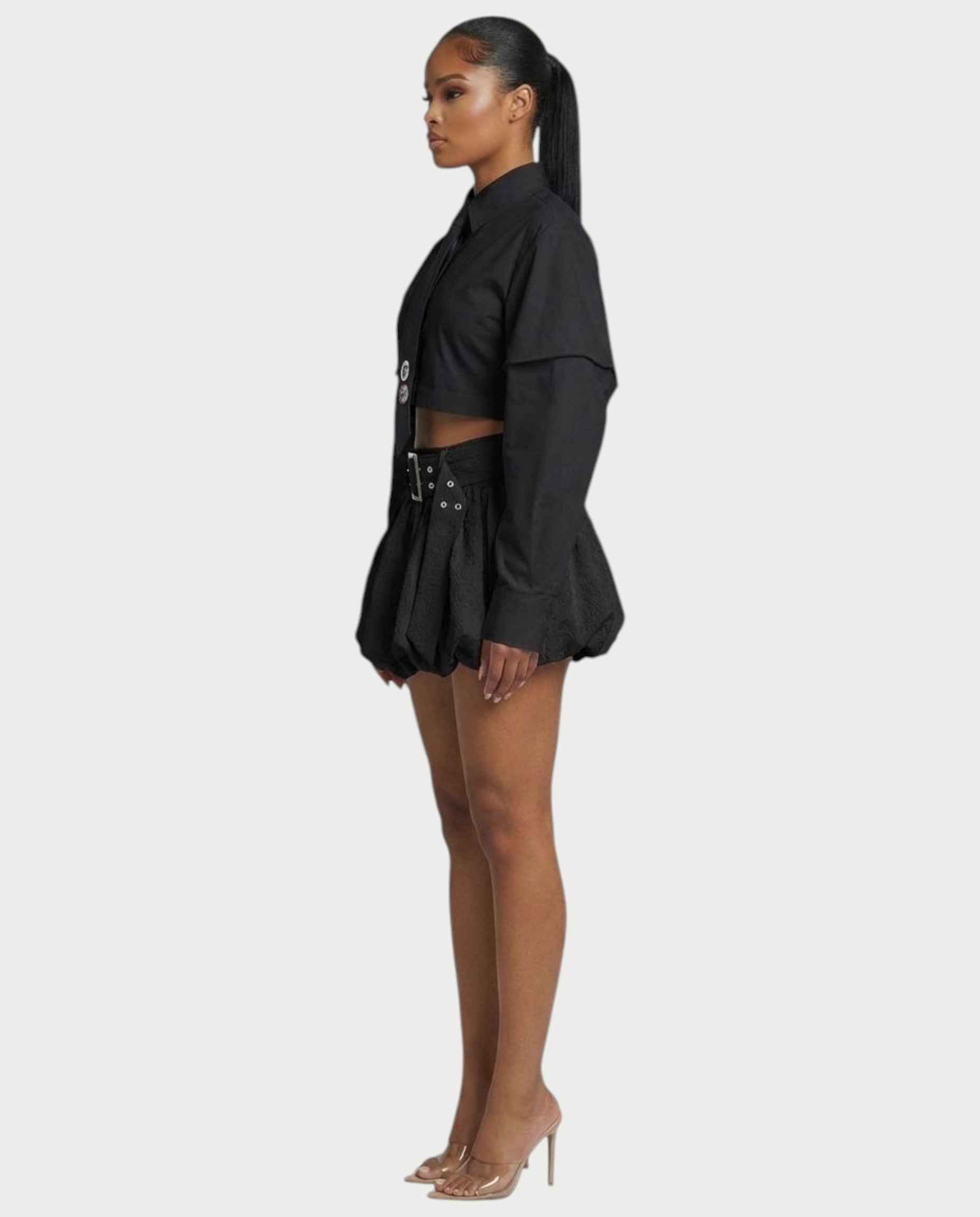 LAFIRNA Belted High-Waist Bubble Hem Mini Skort