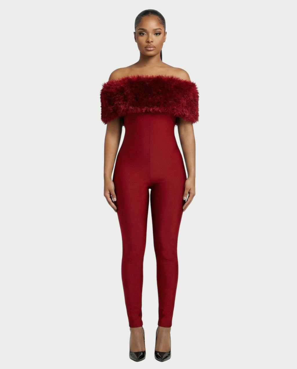 TRINA Off-Shoulder Faux Fur Trim Jumpsuit