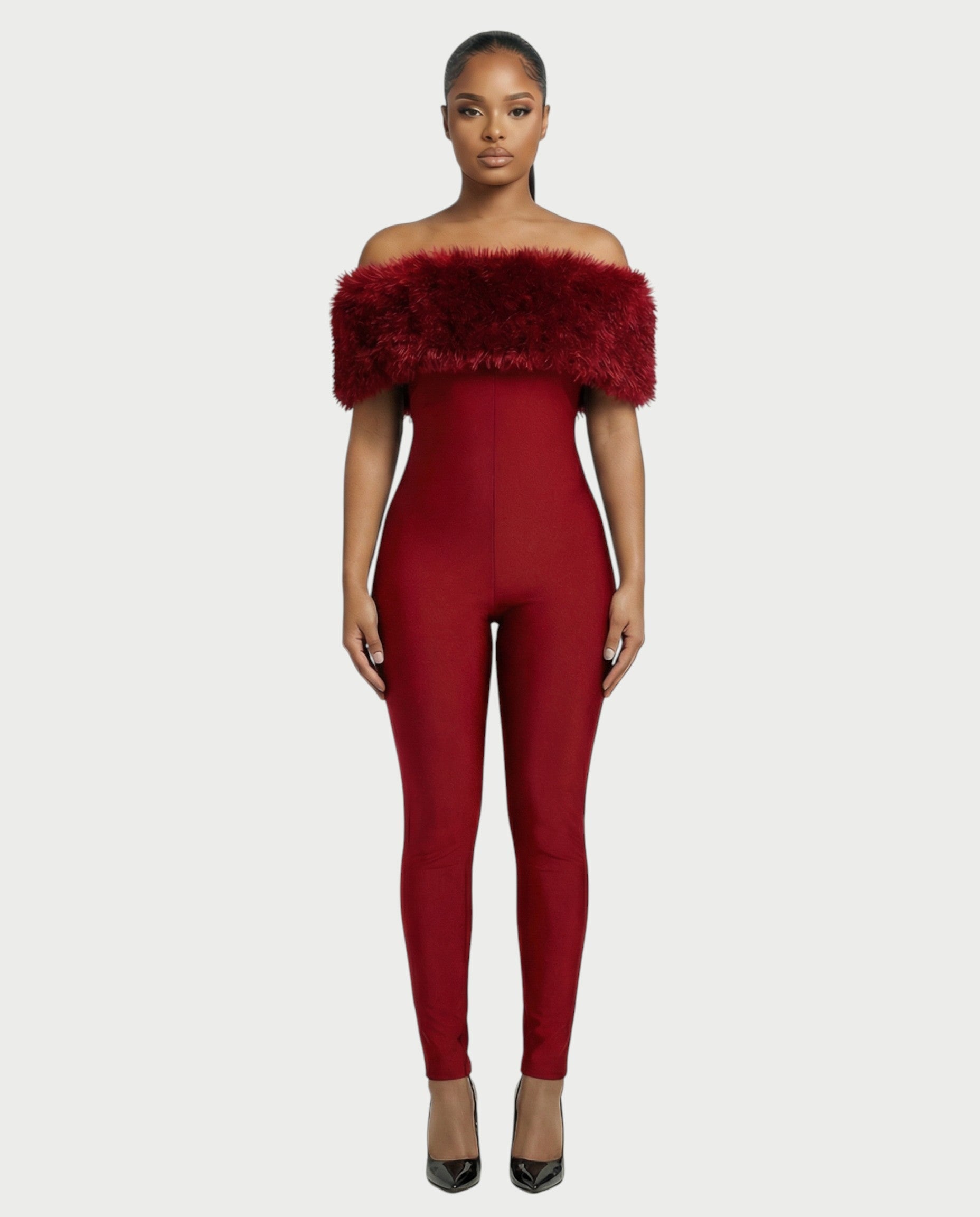 TRINA Off-Shoulder Faux Fur Trim Jumpsuit