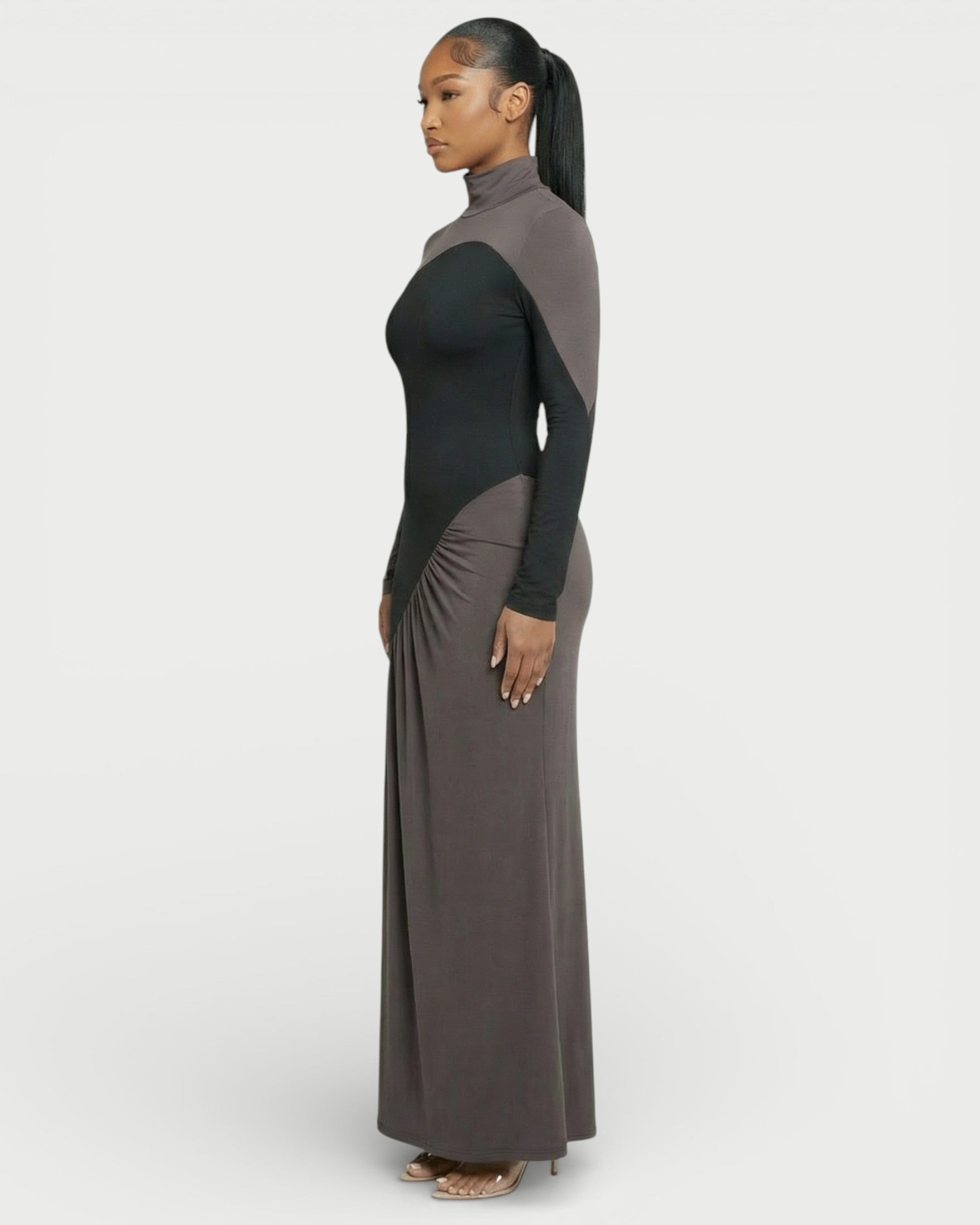 ANINA Contrast Panel Long-Sleeve Maxi Dress
