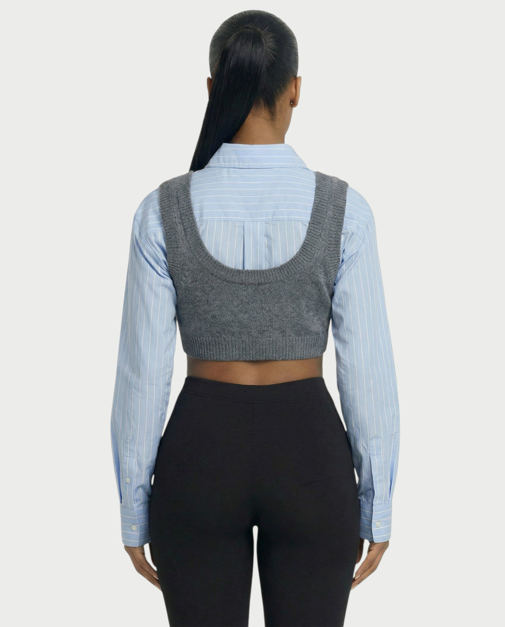 SARIEL Striped Long Sleeve Shirt & Knit Crop Top Set