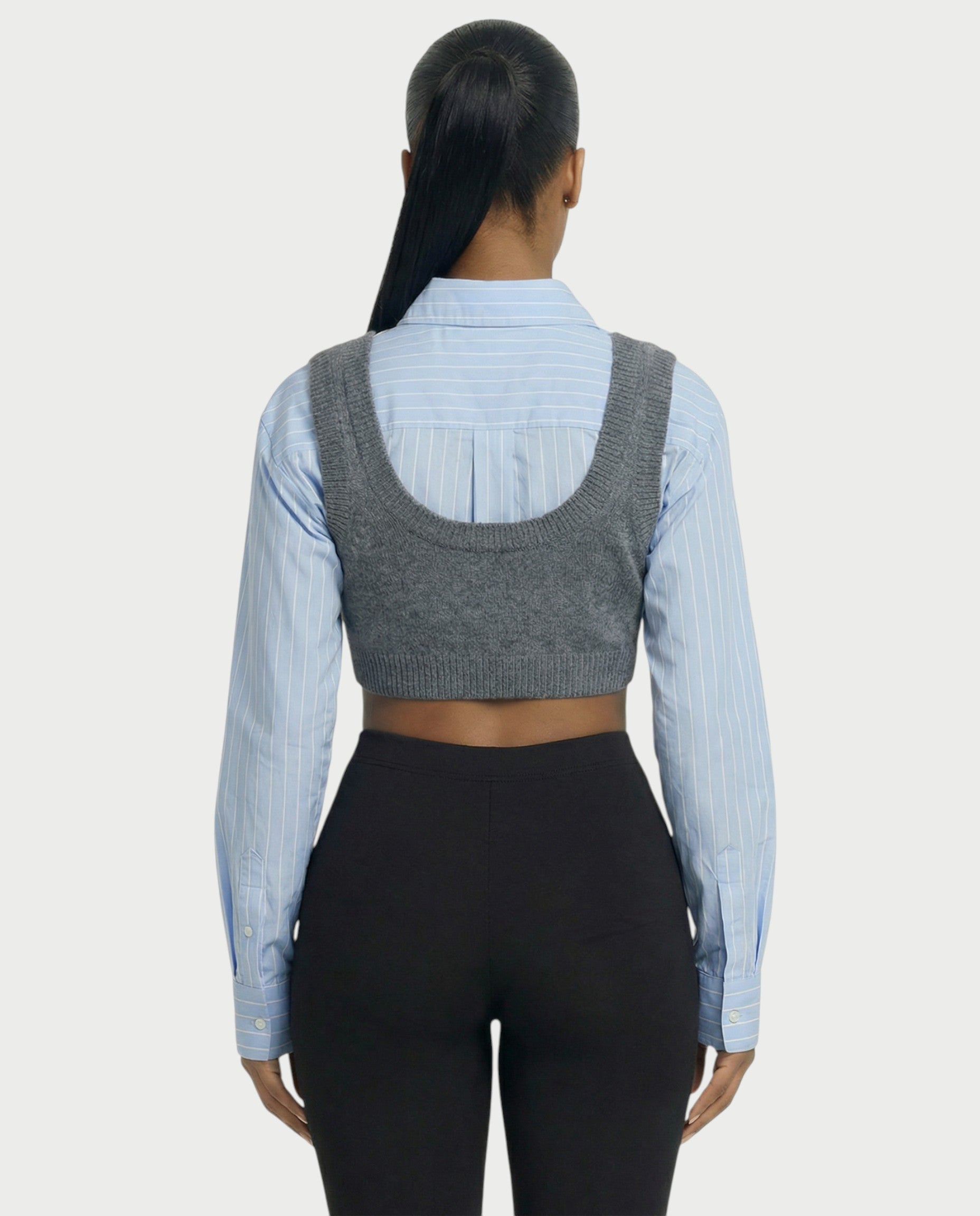 SARIEL Striped Long Sleeve Shirt & Knit Crop Top Set