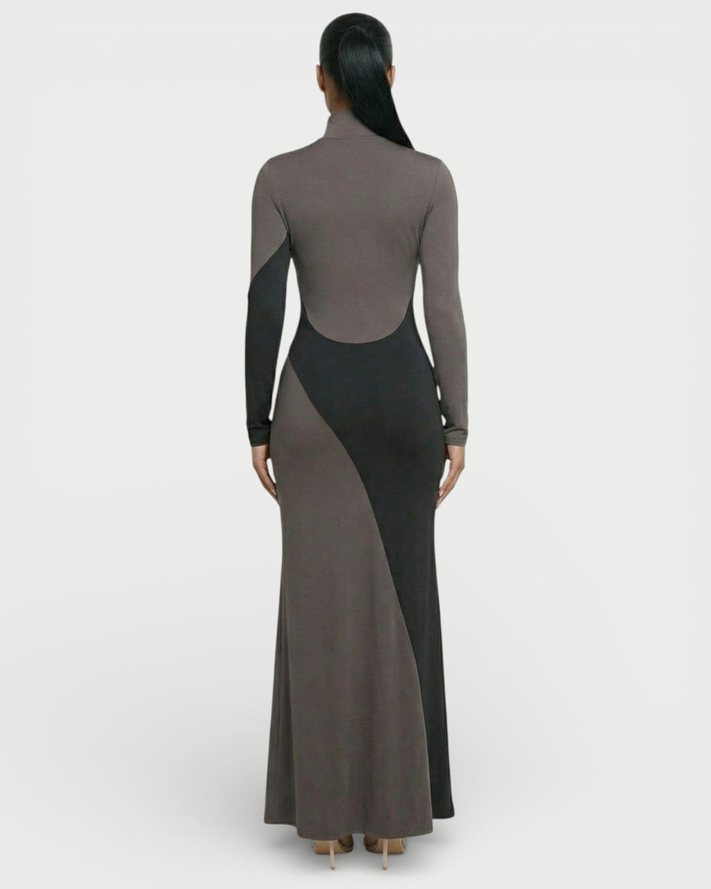 ANINA Contrast Panel Long-Sleeve Maxi Dress