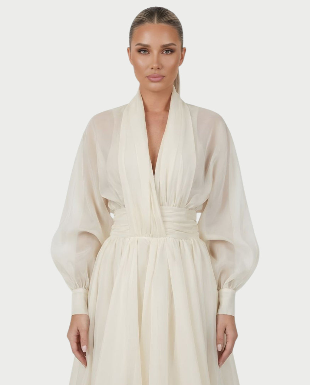 MARELA Cream White Draped Tulle Maxi Dress