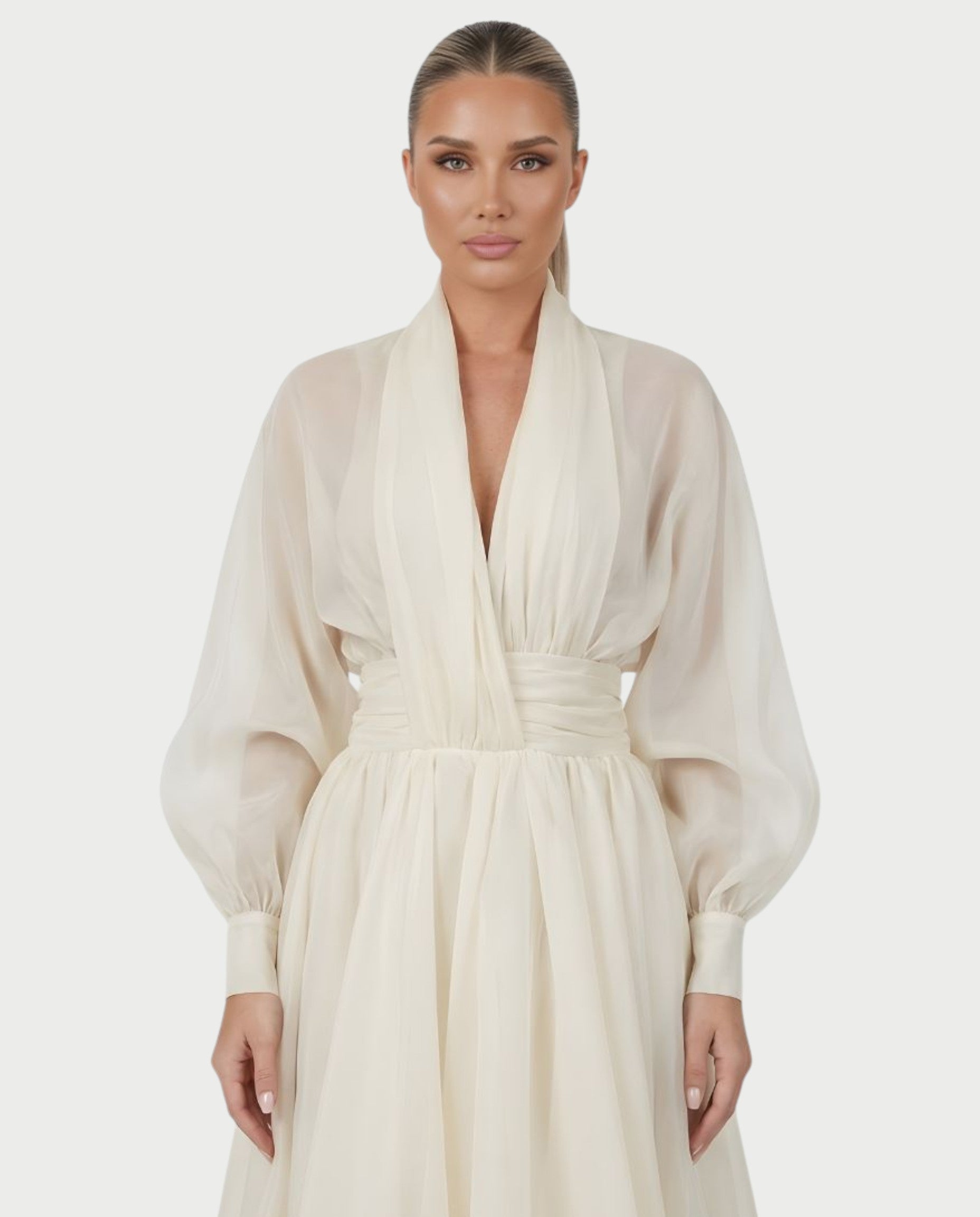 MARELA Cream White Draped Tulle Maxi Dress