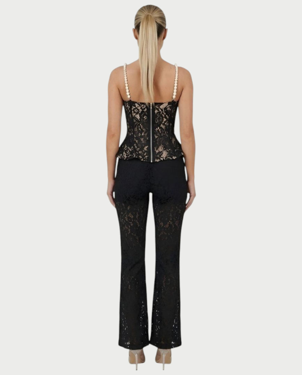 MABELA Sheer Lace Corset Peplum Top & Flared Pants Set