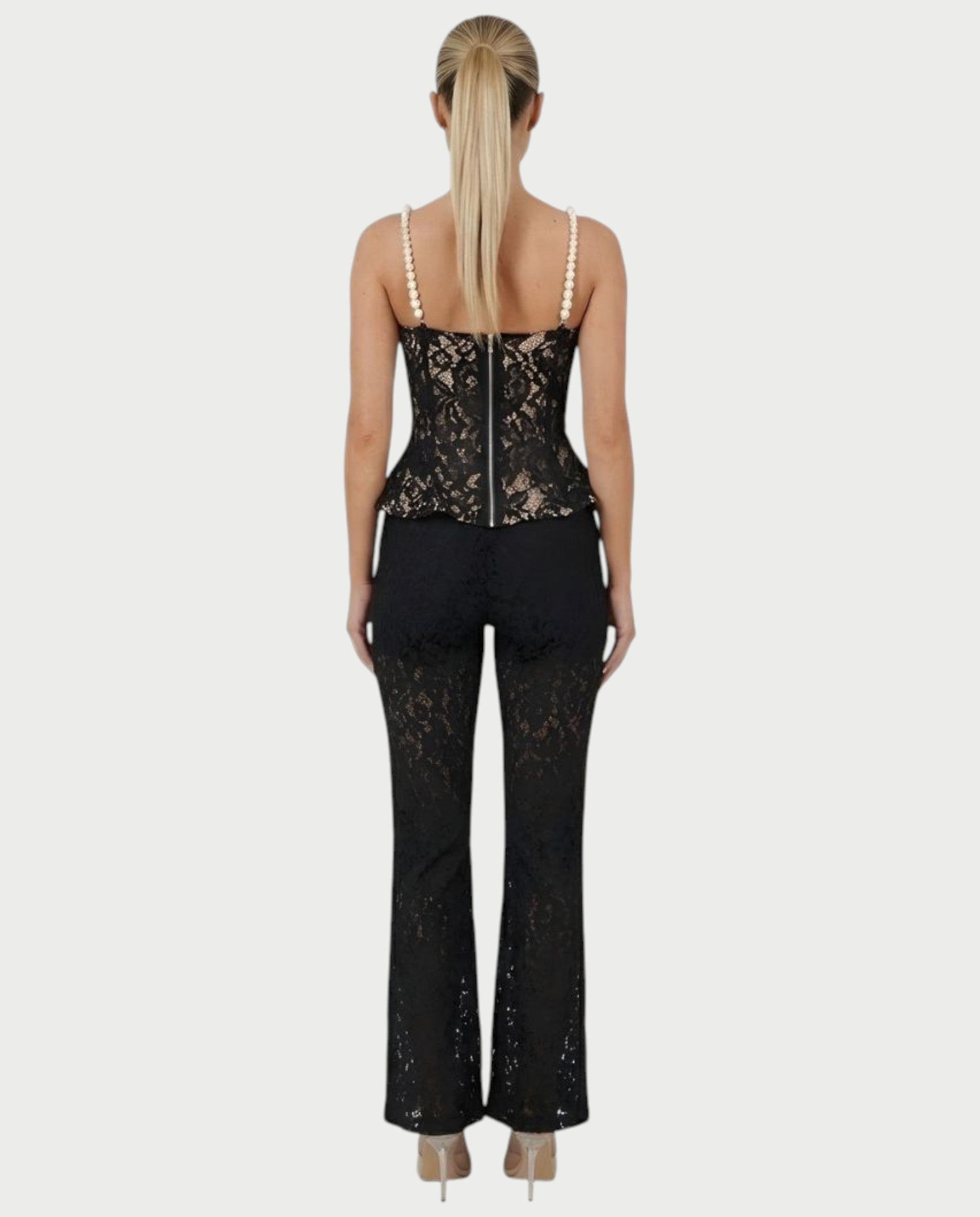 MABELA Sheer Lace Corset Peplum Top & Flared Pants Set