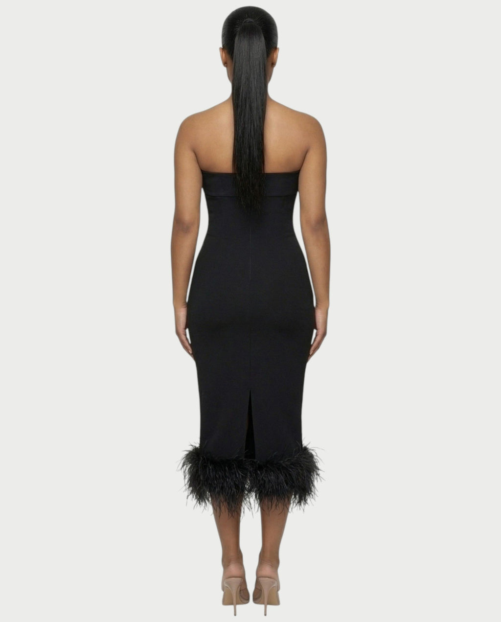 SOYANA Corset Strapless Feather Midi Dress