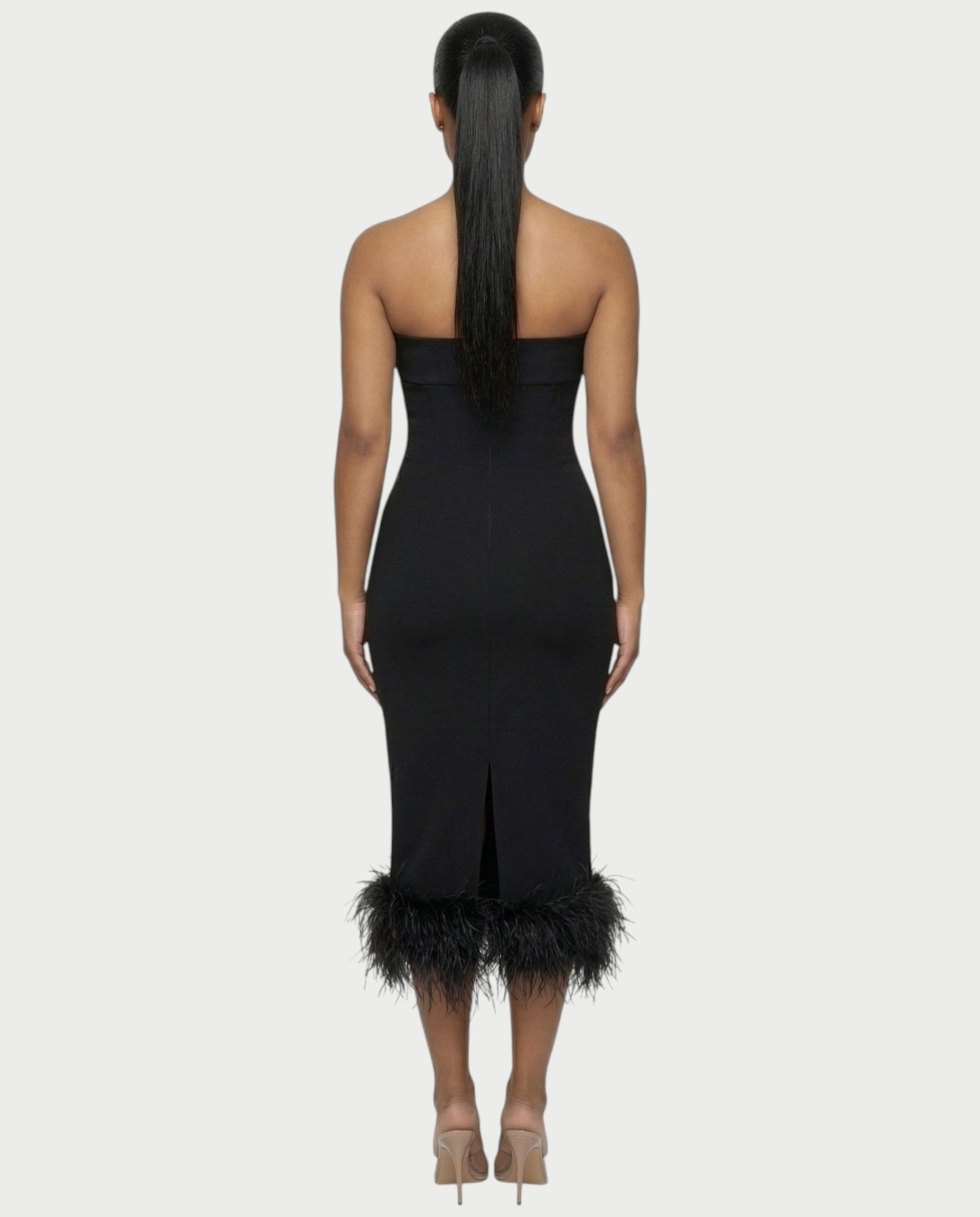 SOYANA Corset Strapless Feather Midi Dress