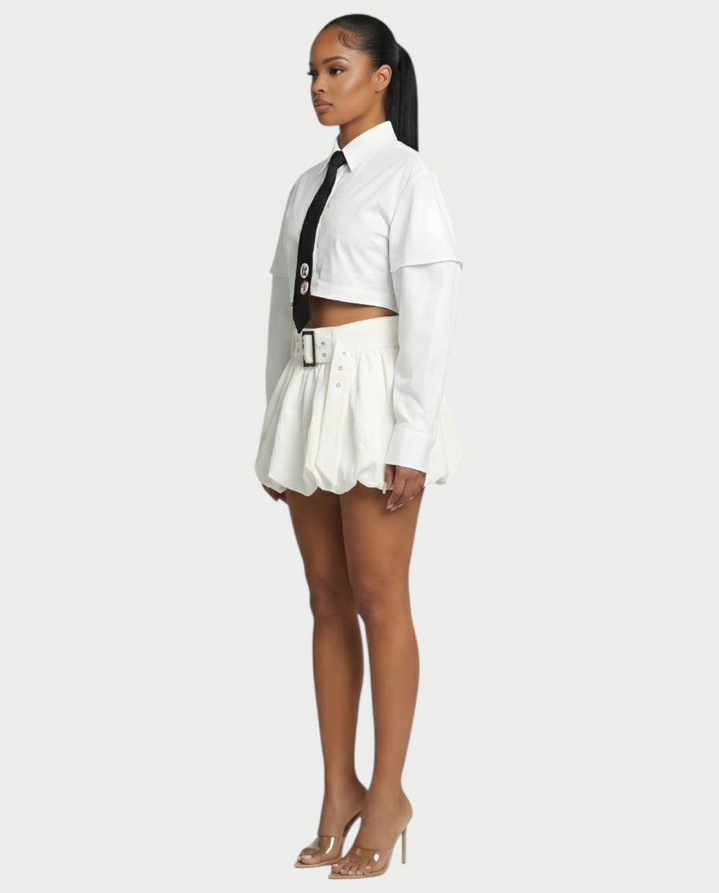 MIRELA Cropped Button-Up Shirt Tie Detail