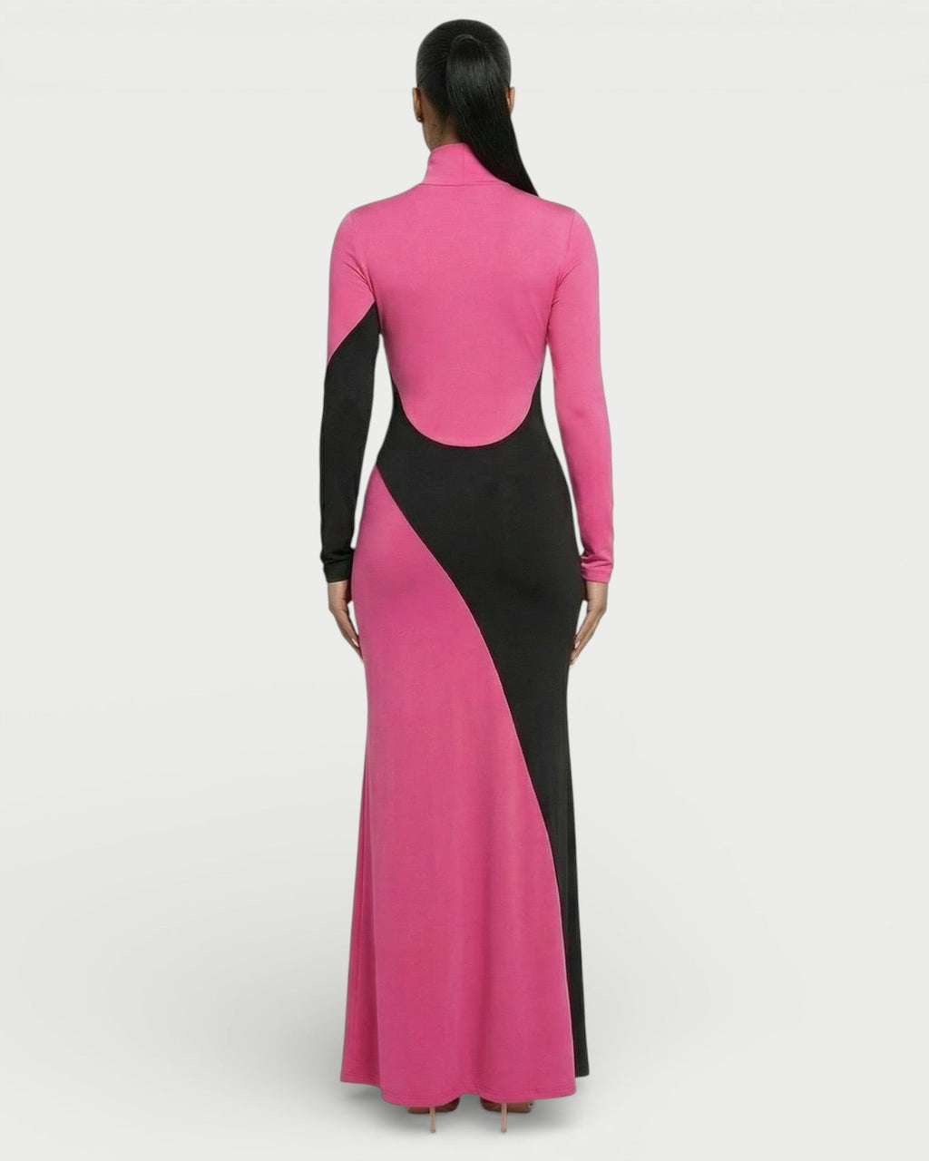 ANINA Contrast Panel Long-Sleeve Maxi Dress