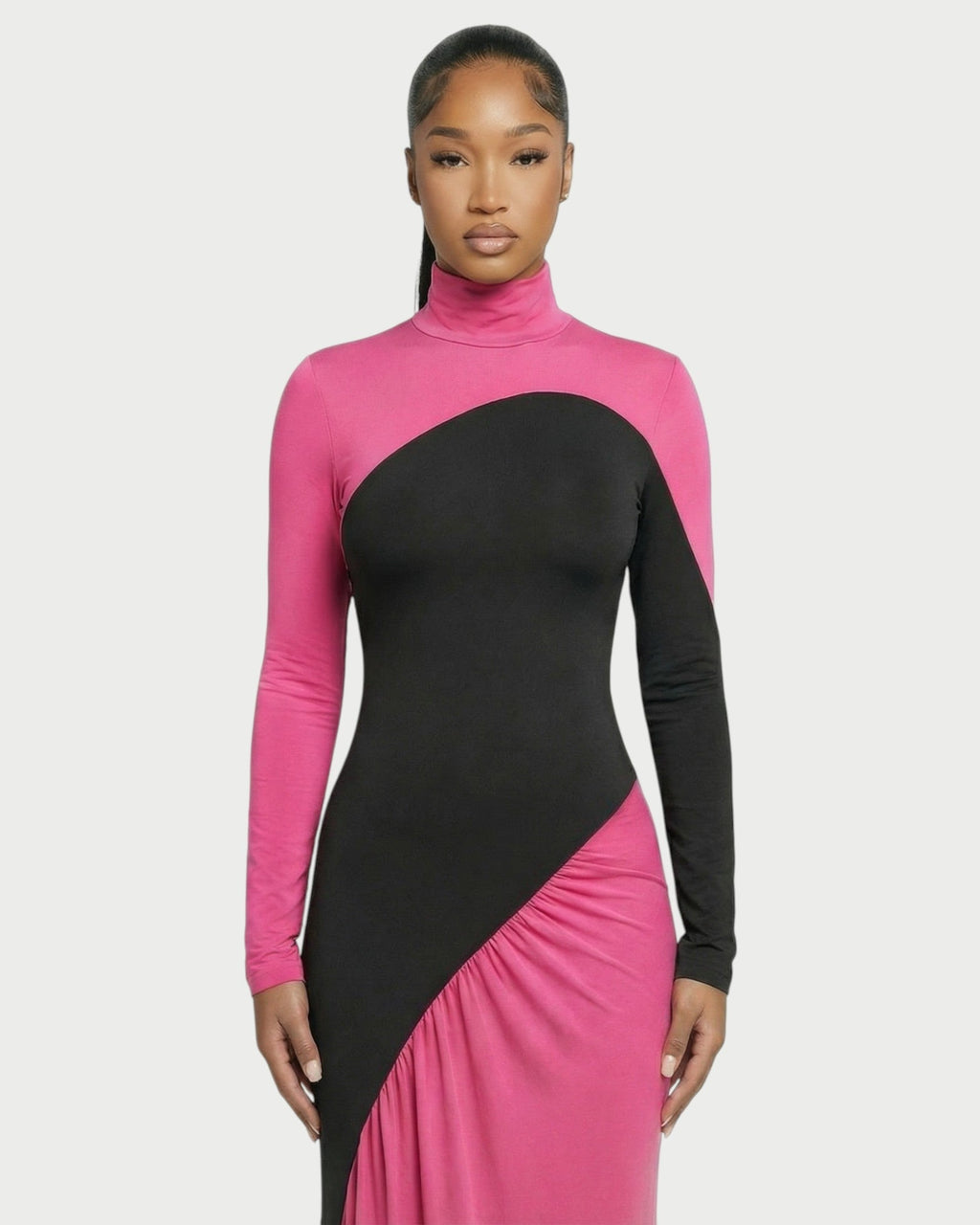 ANINA Contrast Panel Long-Sleeve Maxi Dress