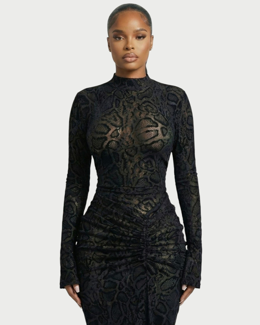 LIYANA Lace Ruched Bell Sleeve Maxi Dress