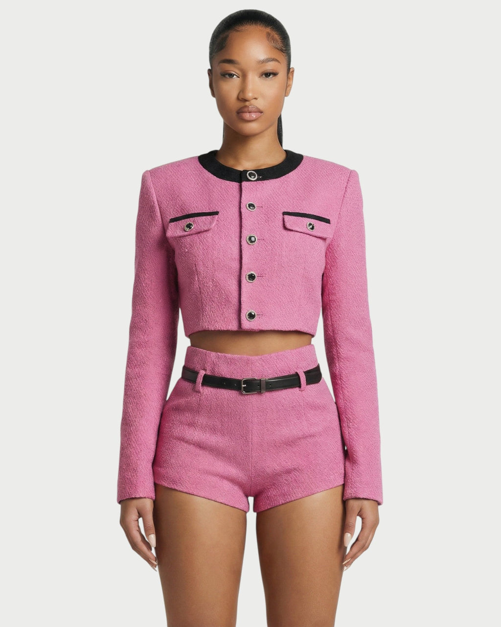 VELYA Cropped Jacket & High-Waist Mini Shorts Set
