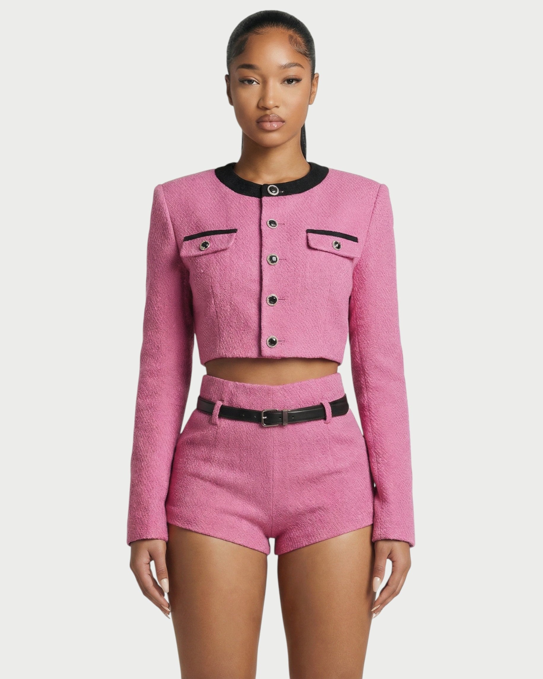 VELYA Cropped Jacket & High-Waist Mini Shorts Set