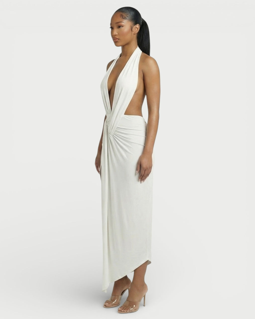 ORLAYA Deep Plunge Halter High-Slit Maxi Dress