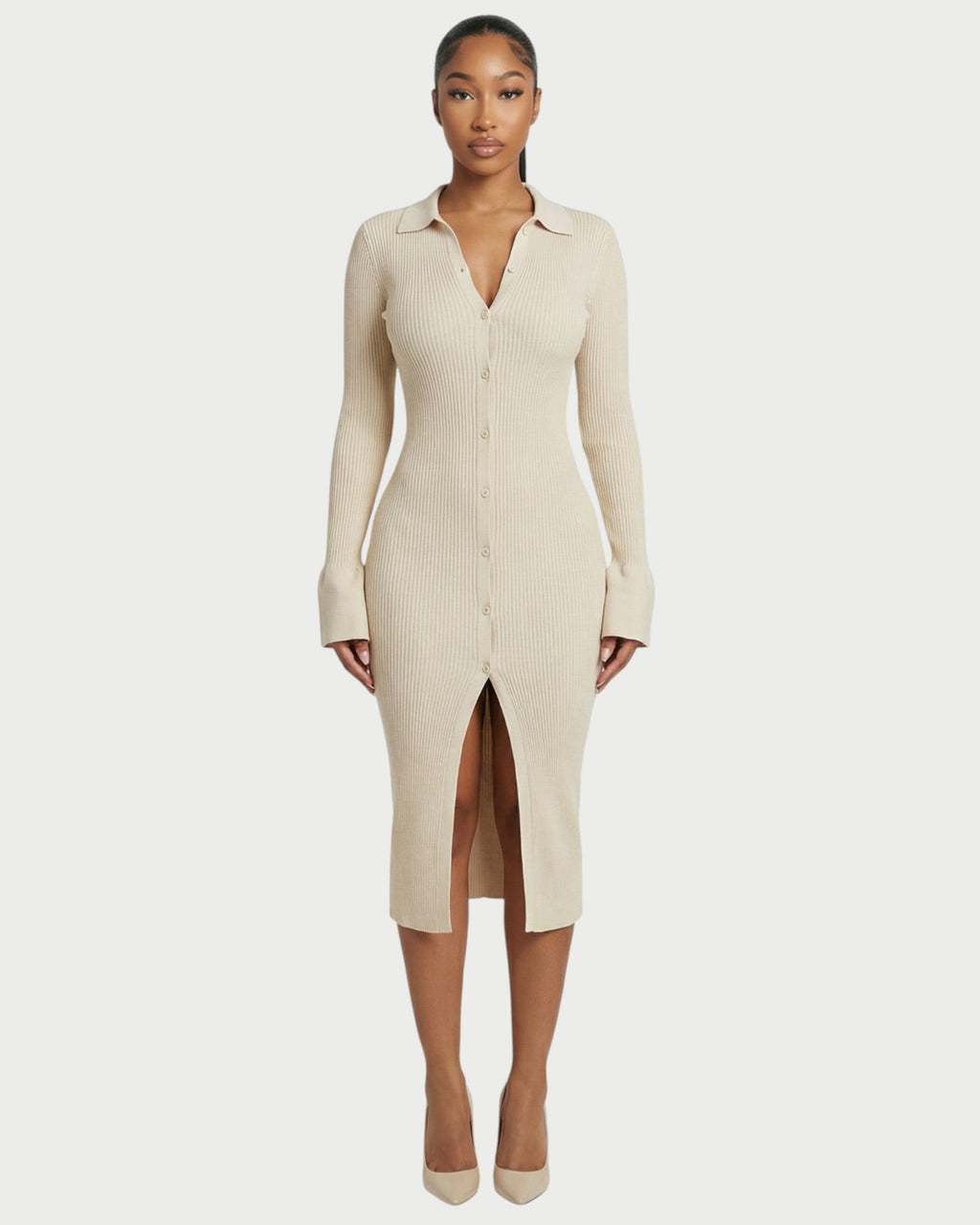 ELYSIA Ribbed Knit Collared Midi Dress