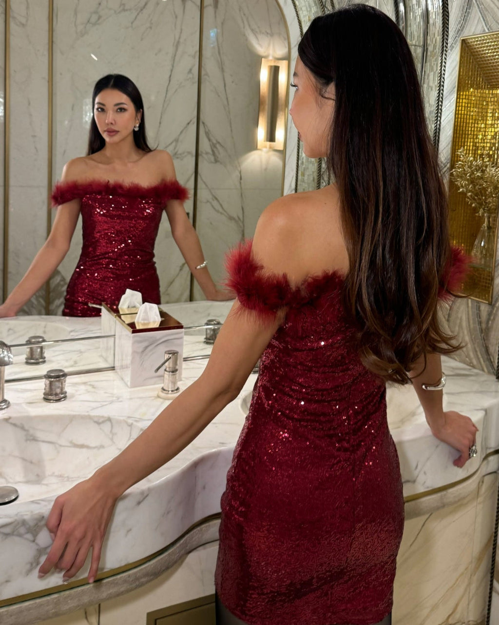 AMARA Sequin Mini Dress With Feather Trim
