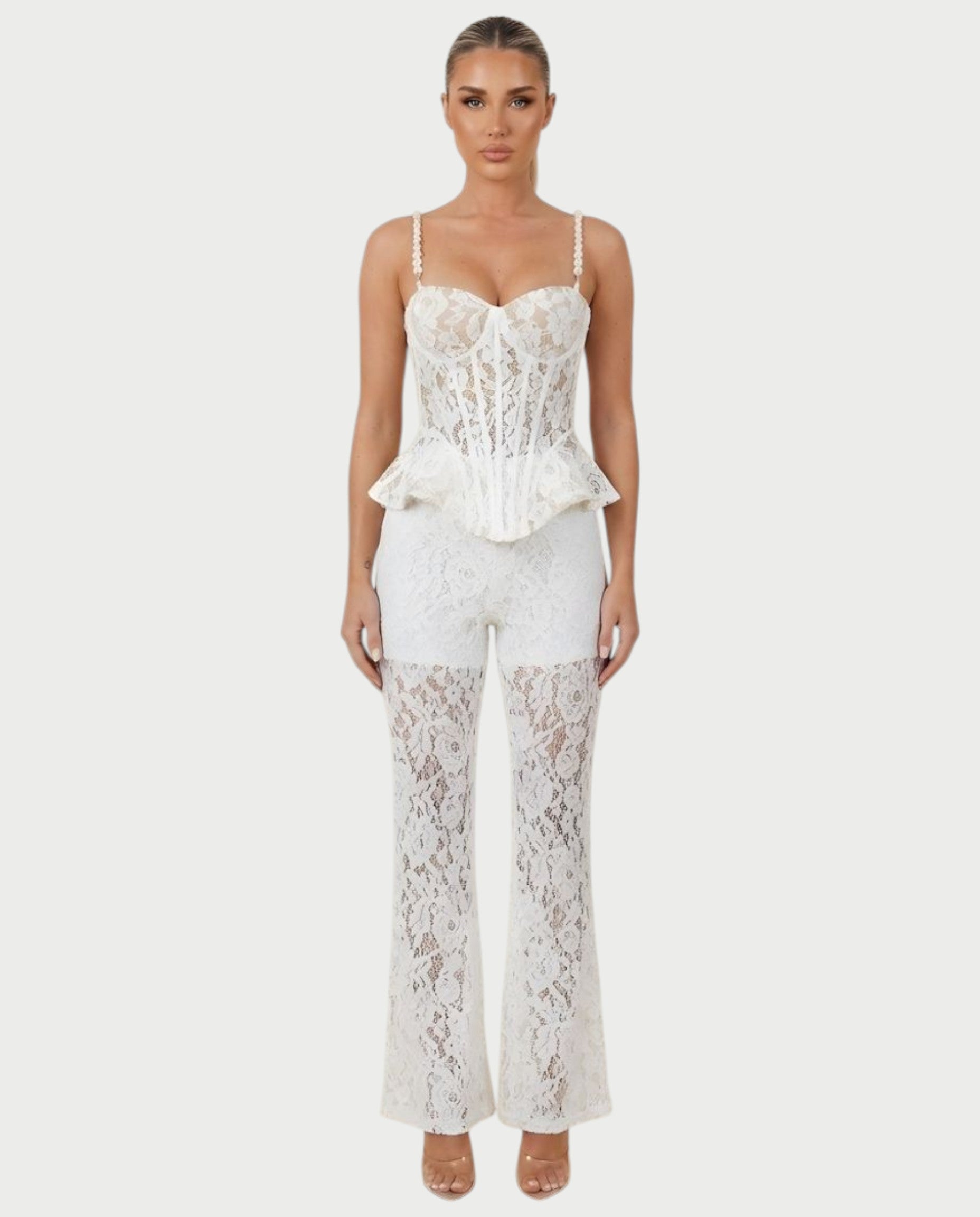 MABELA Sheer Lace Corset Peplum Top & Flared Pants Set