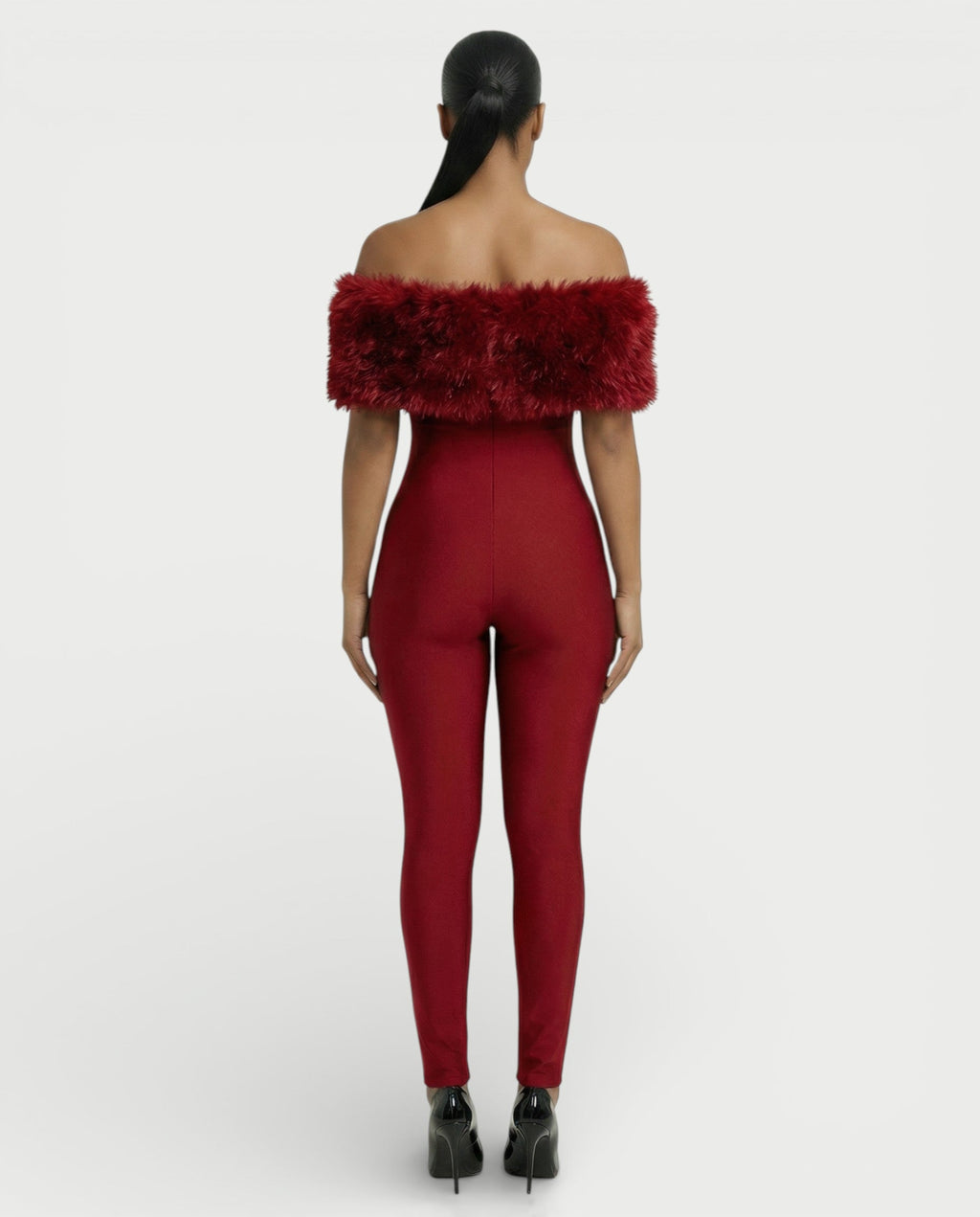 TRINA Off-Shoulder Faux Fur Trim Jumpsuit