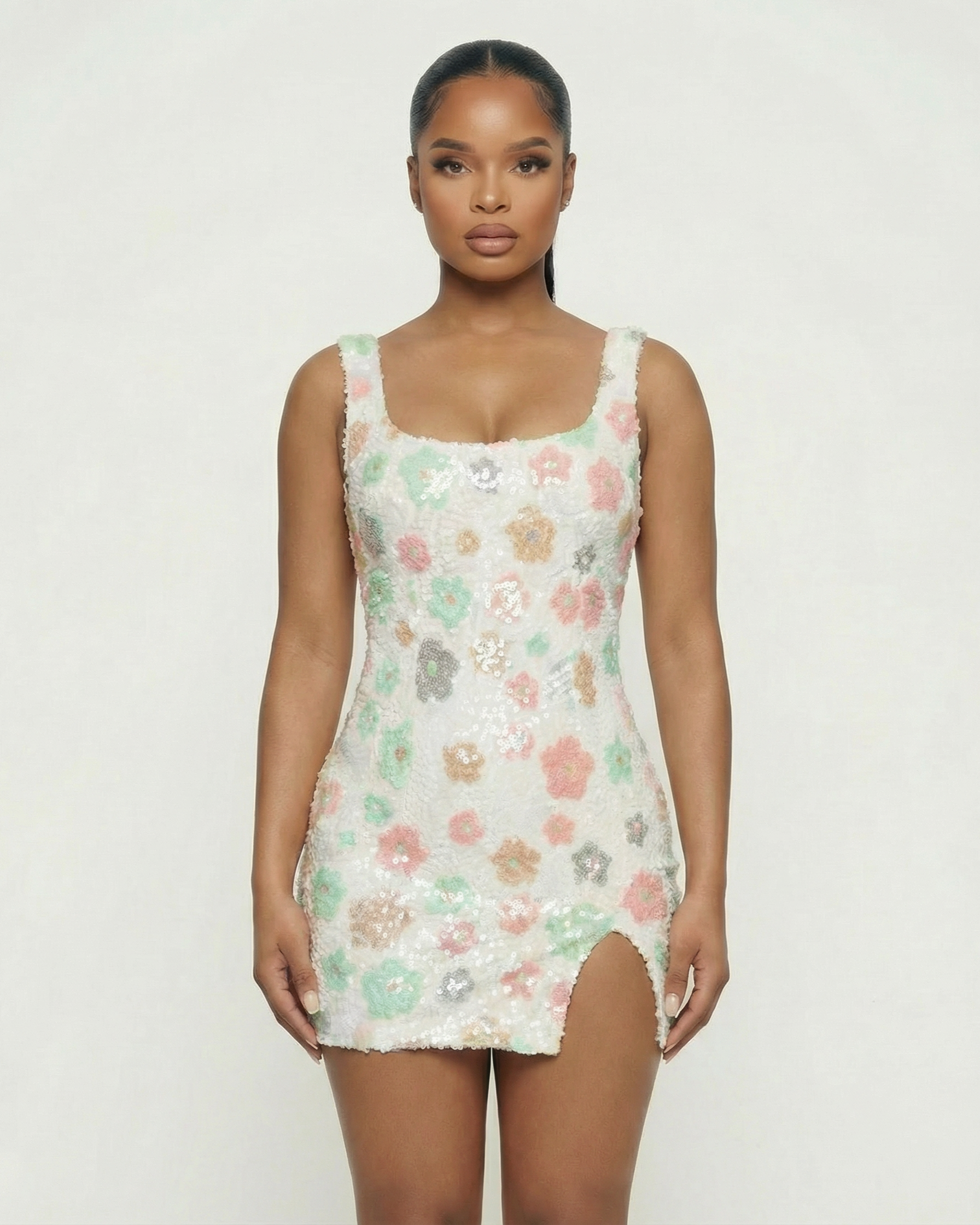 NALEYA Floral Sequin Slit Mini Dress