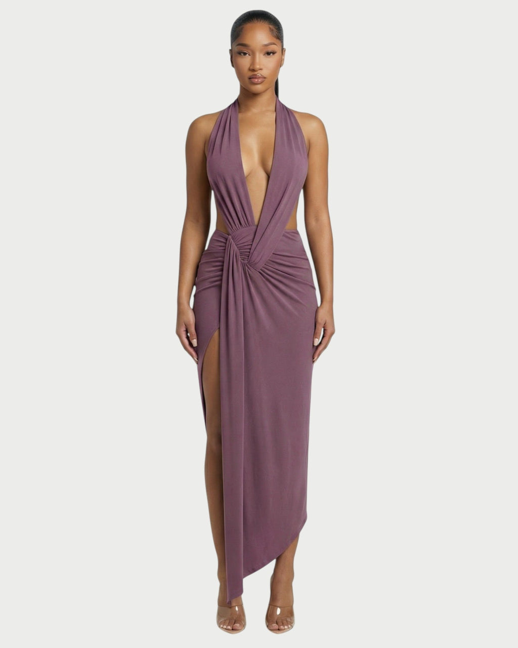 ORLAYA Deep Plunge Halter High-Slit Maxi Dress