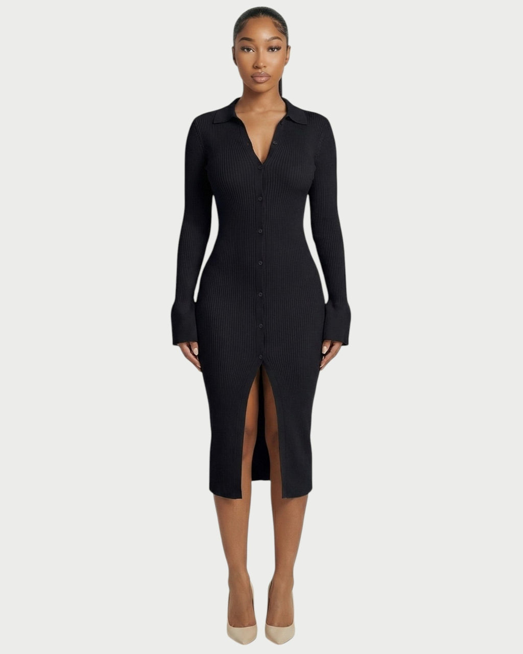 ELYSIA Ribbed Knit Collared Midi Dress