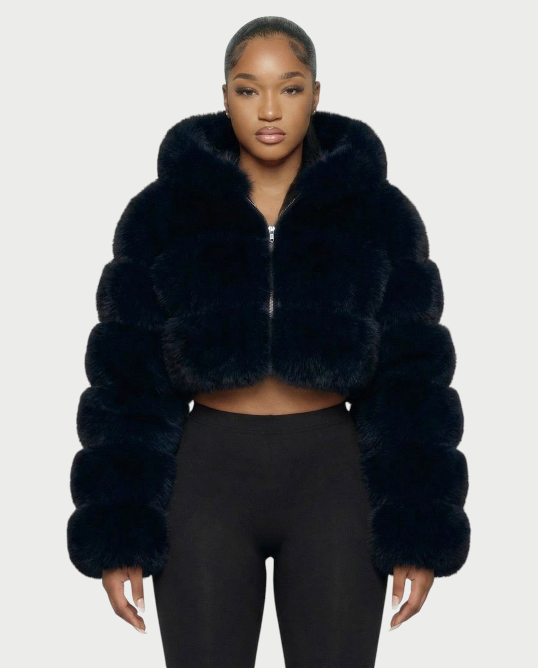 LIOREN Cropped Hooded Faux-Fur Puffer Jacket