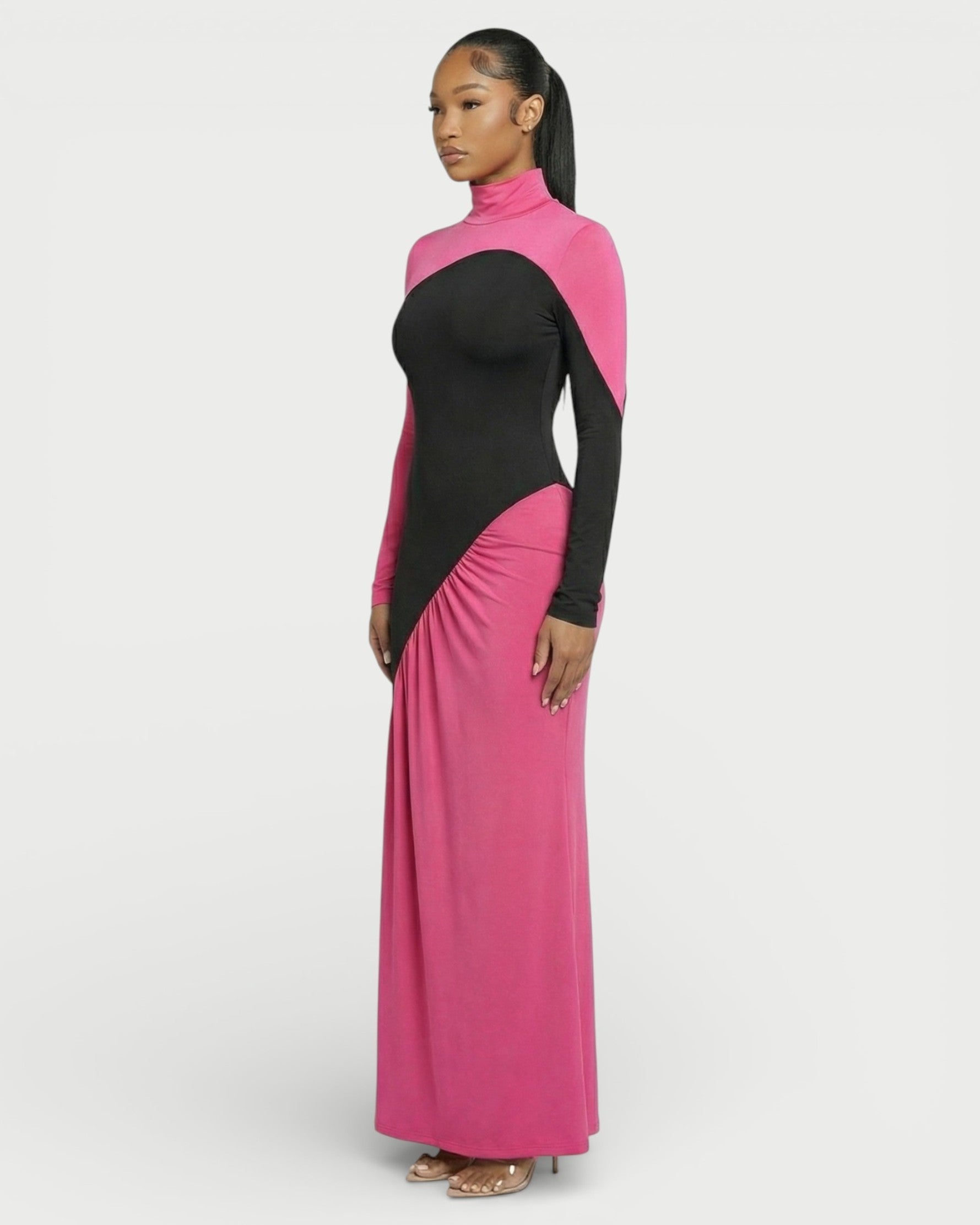 ANINA Contrast Panel Long-Sleeve Maxi Dress