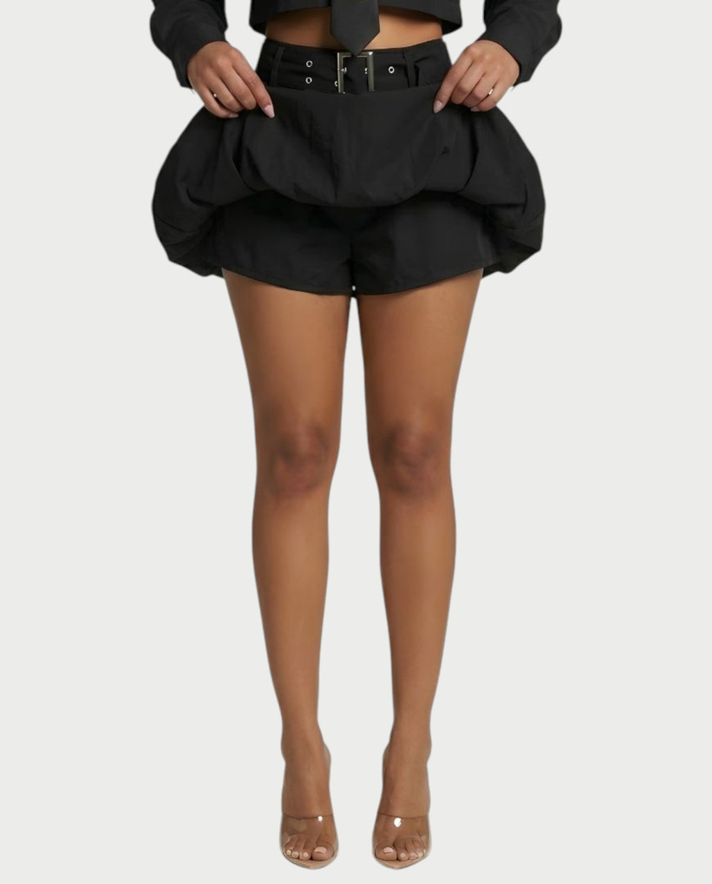 LAFIRNA Belted High-Waist Bubble Hem Mini Skort