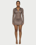 AVENYA Striped Long-Sleeved Shirt & Mini Skirt Set