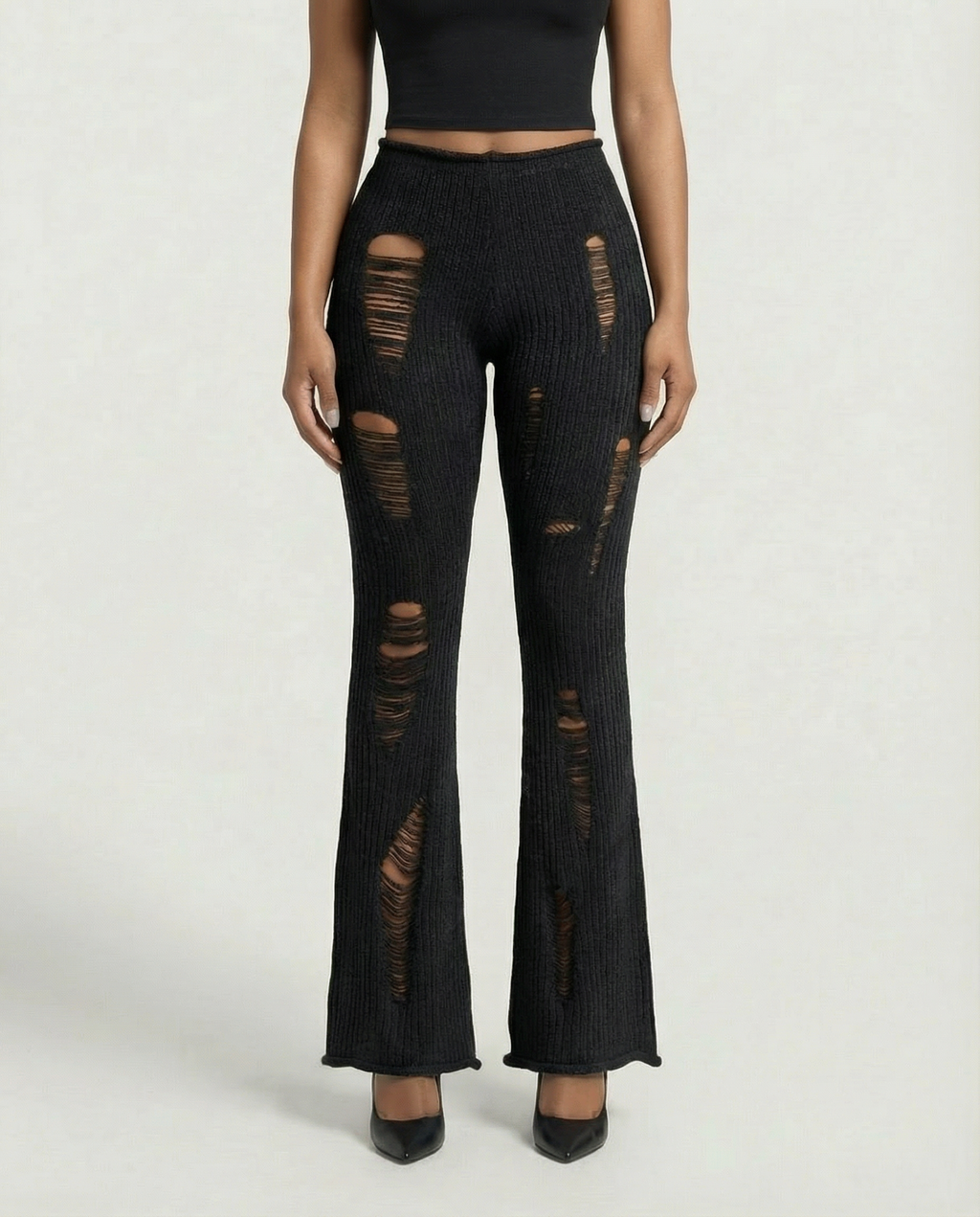ALOMA Ripped Ribbed Knit Flared Pants