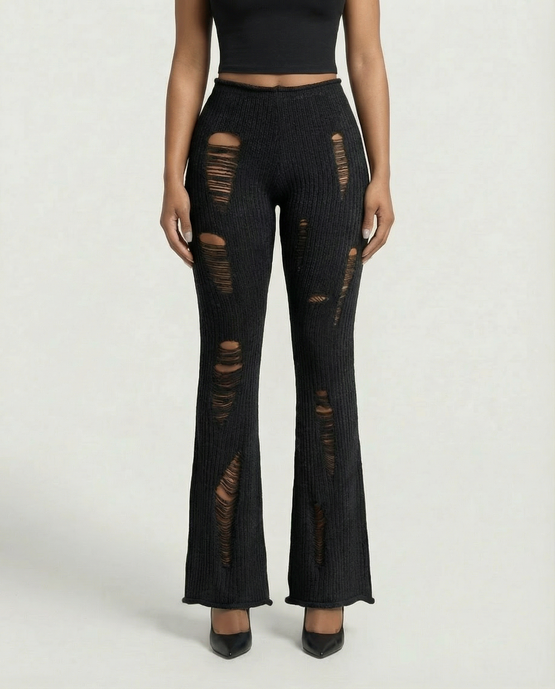 ALOMA Ripped Ribbed Knit Flared Pants