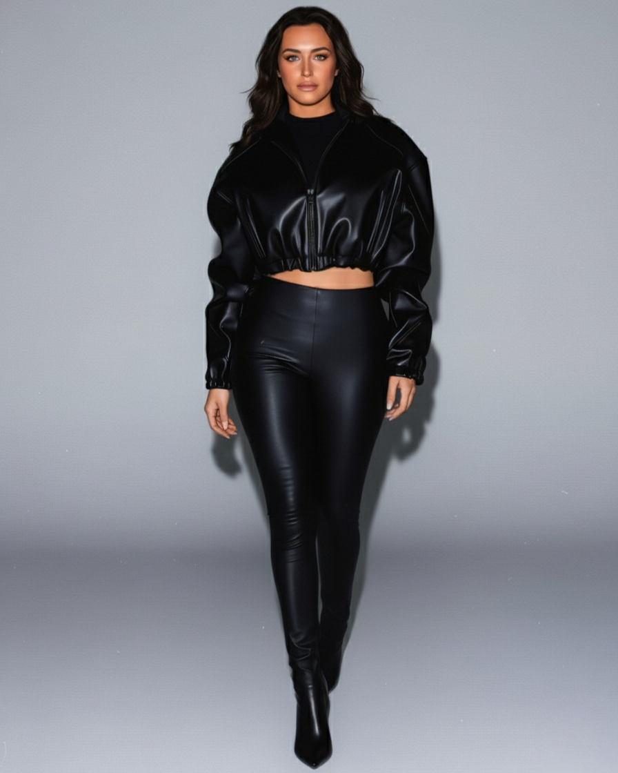 DAYAN Cropped Long Sleeve Faux Leather Jacket